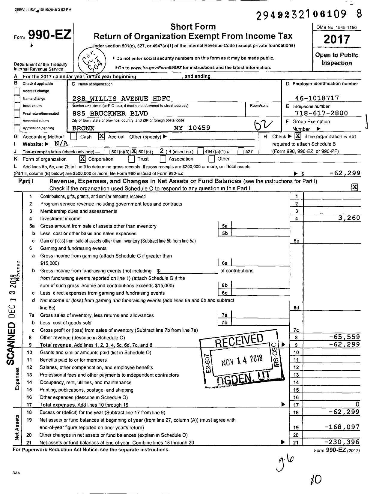 Image of first page of 2017 Form 990EO for 288 Willis Avenue HDFC