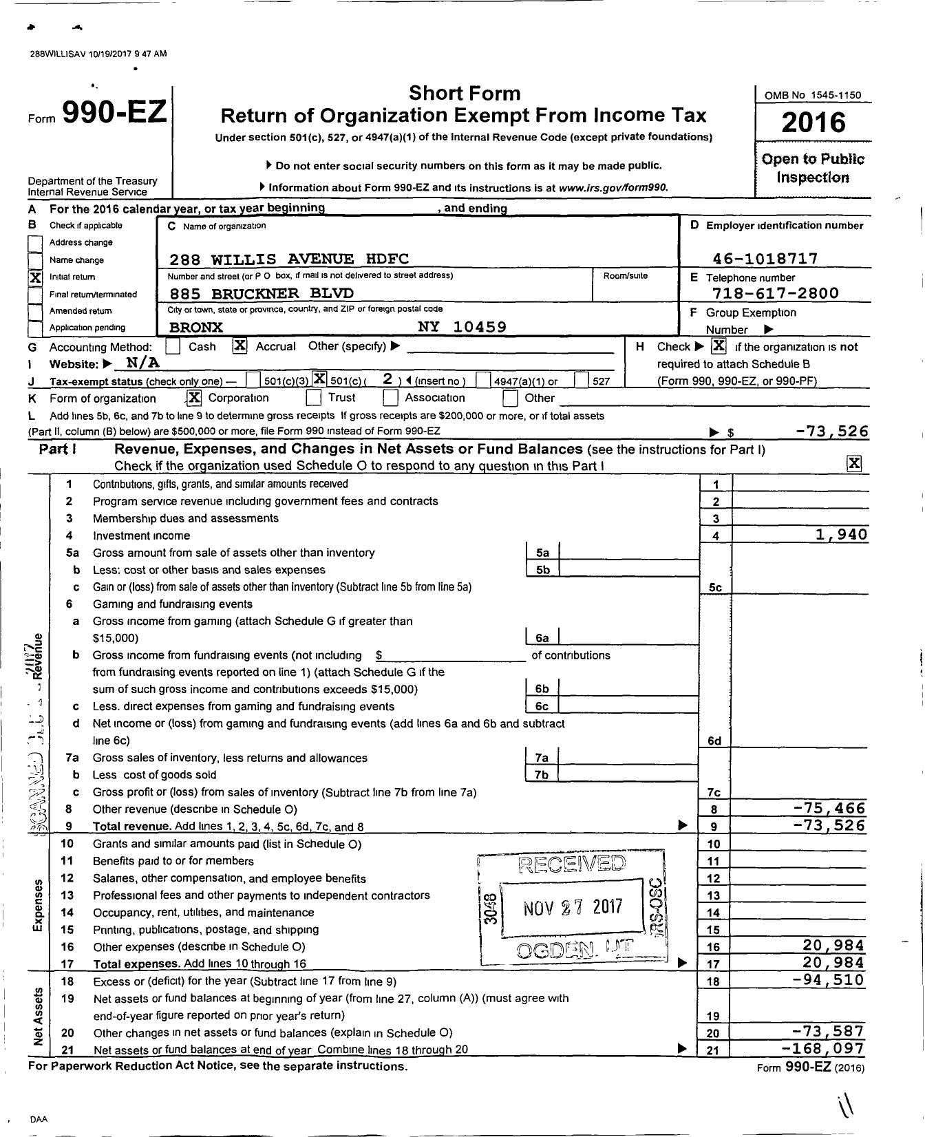 Image of first page of 2016 Form 990EO for 288 Willis Avenue HDFC