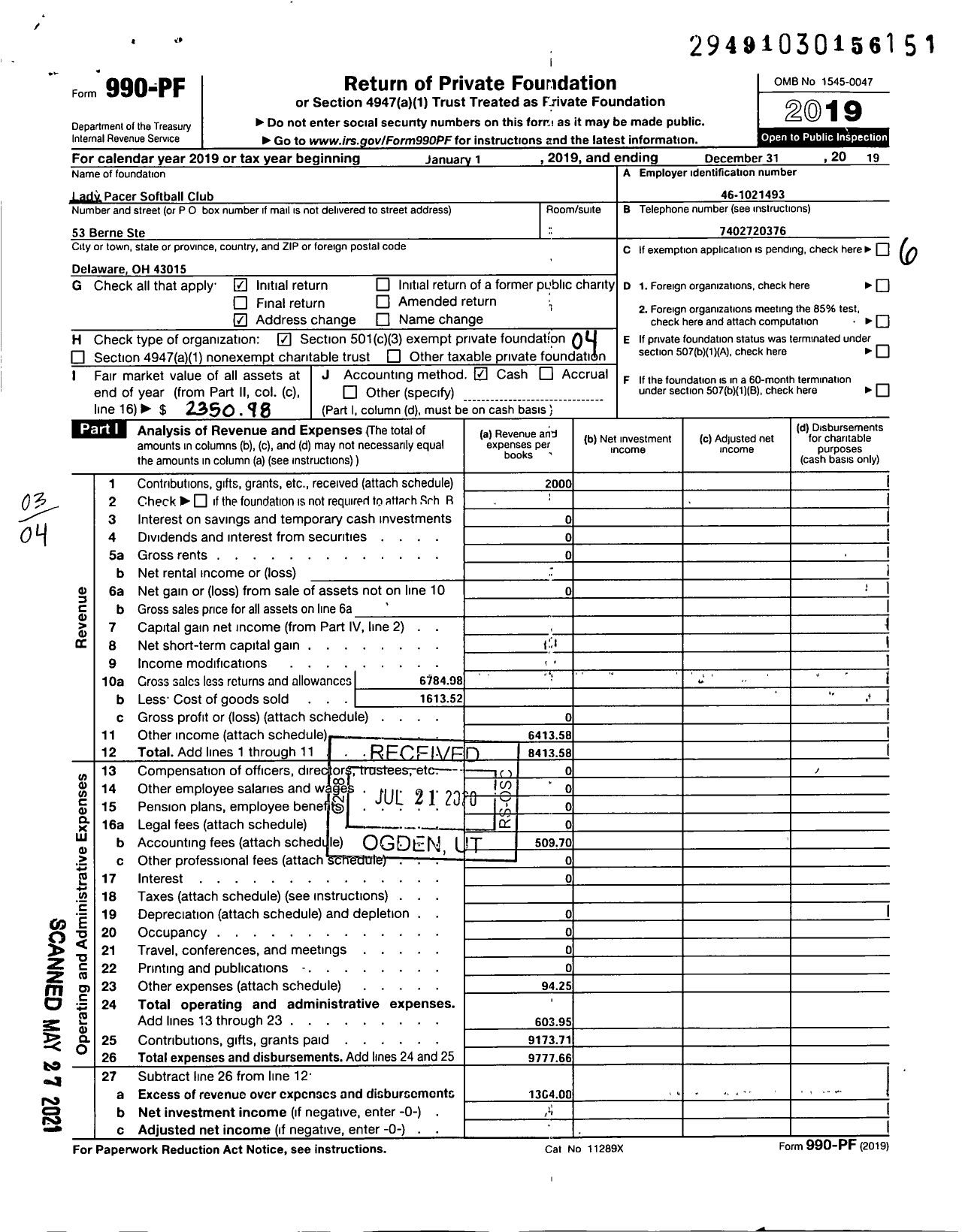 Image of first page of 2019 Form 990PF for Lady Pacers Softball Club