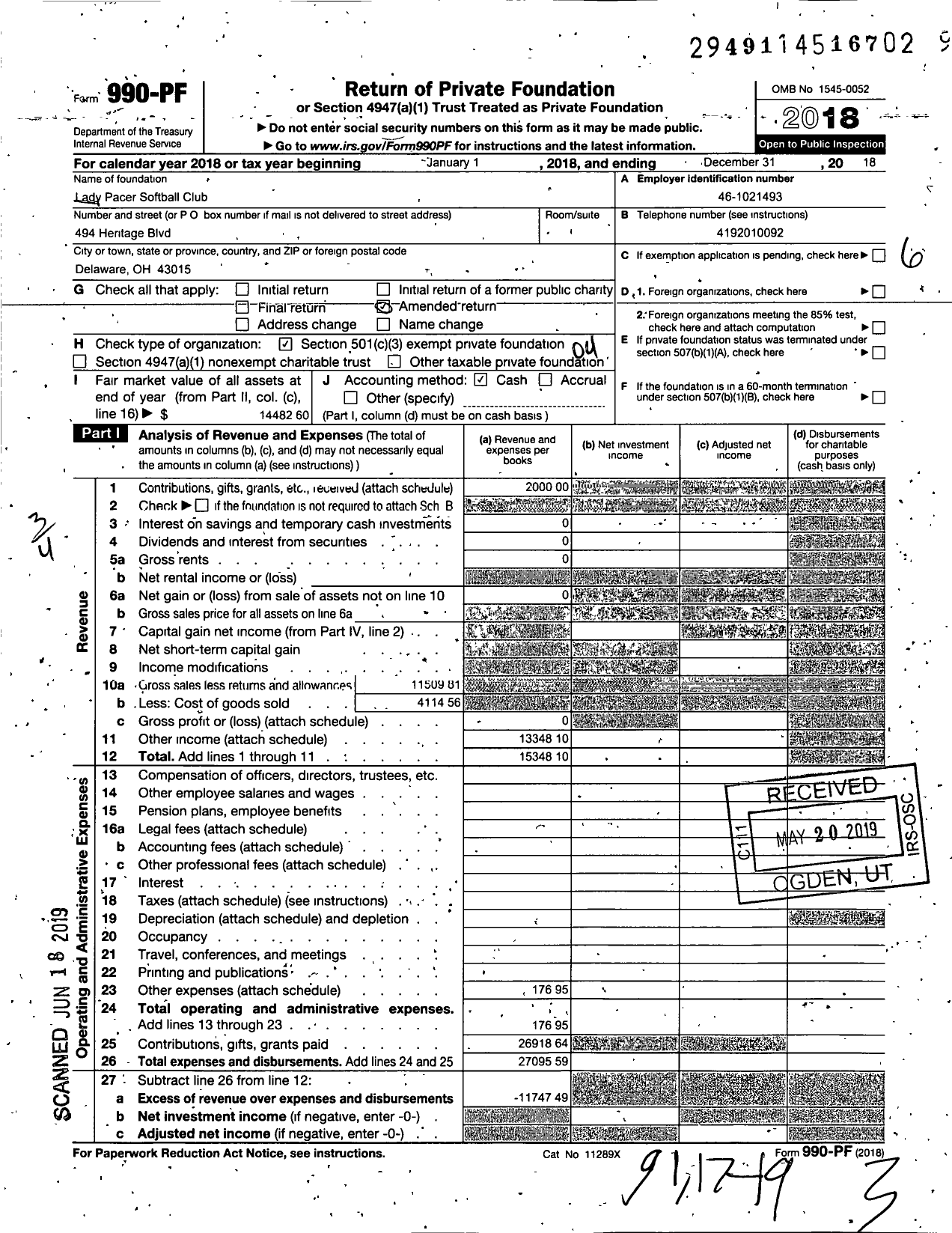 Image of first page of 2018 Form 990PF for Lady Pacers Softball Club