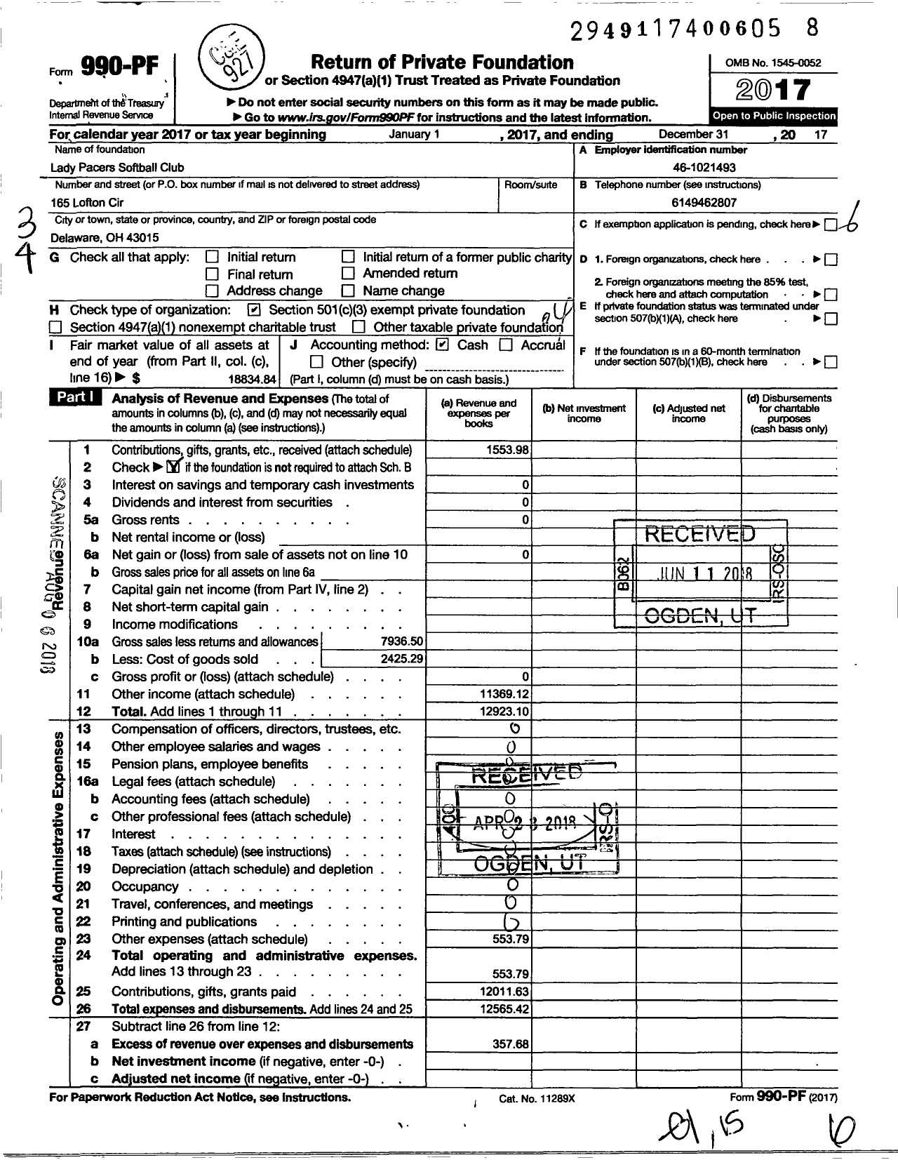 Image of first page of 2017 Form 990PF for Lady Pacers Softball Club