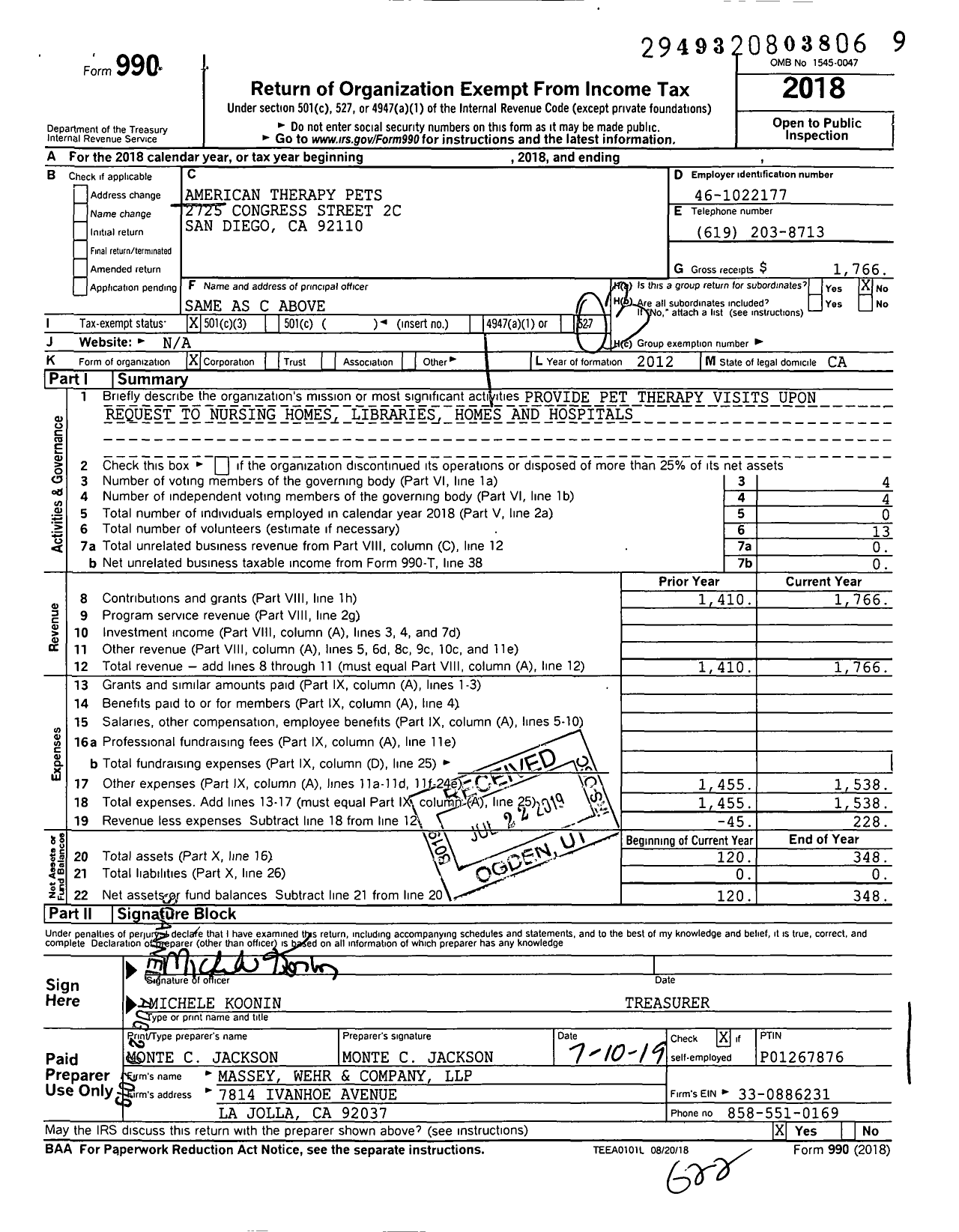 Image of first page of 2018 Form 990 for American Therapy Pets