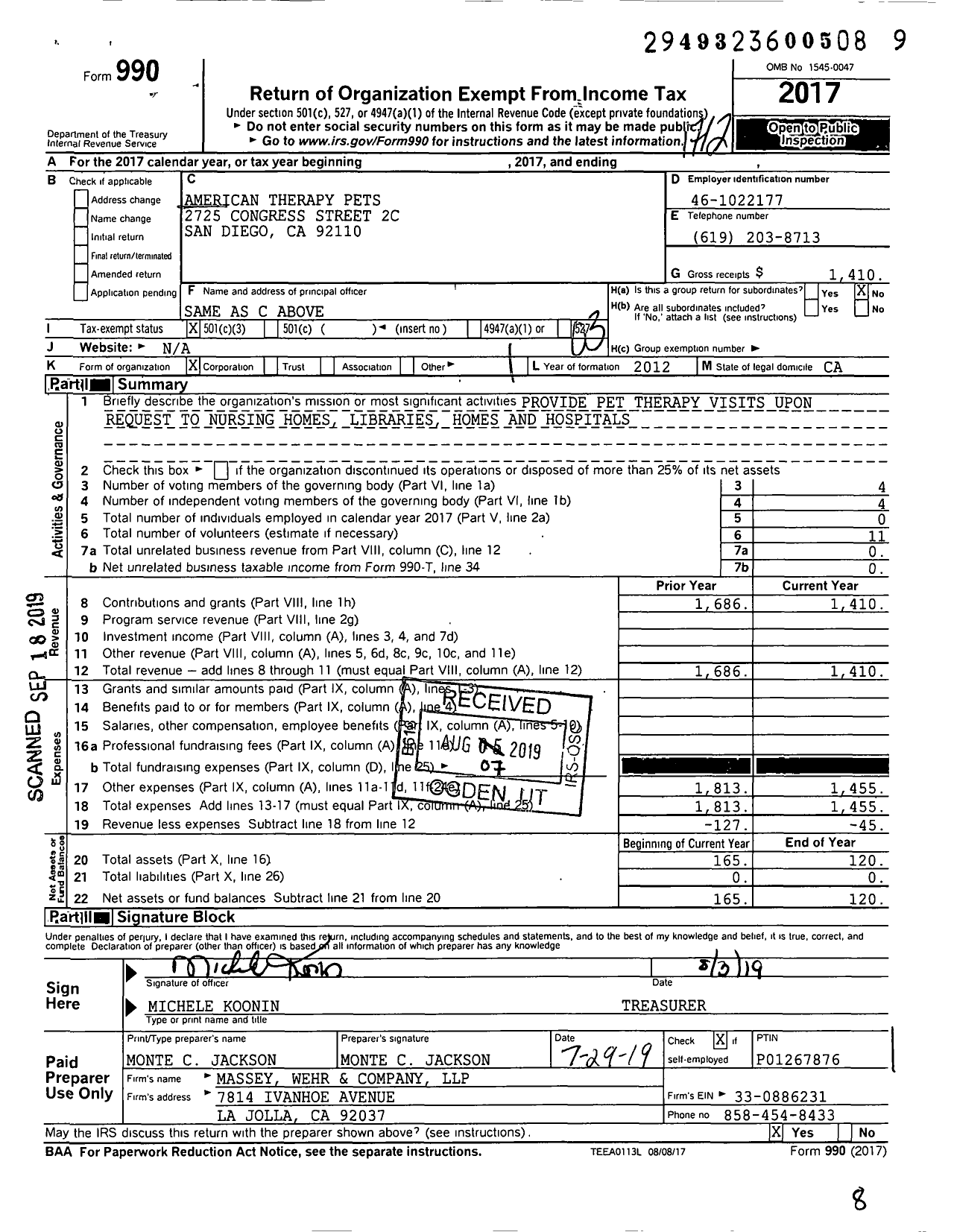 Image of first page of 2017 Form 990 for American Therapy Pets