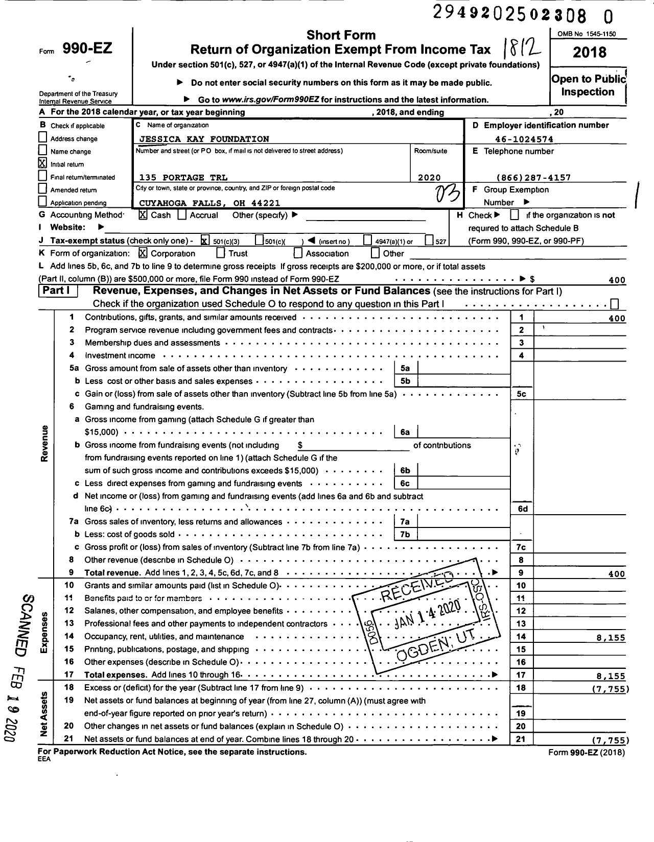 Image of first page of 2018 Form 990EZ for Jessica Kay Foundation