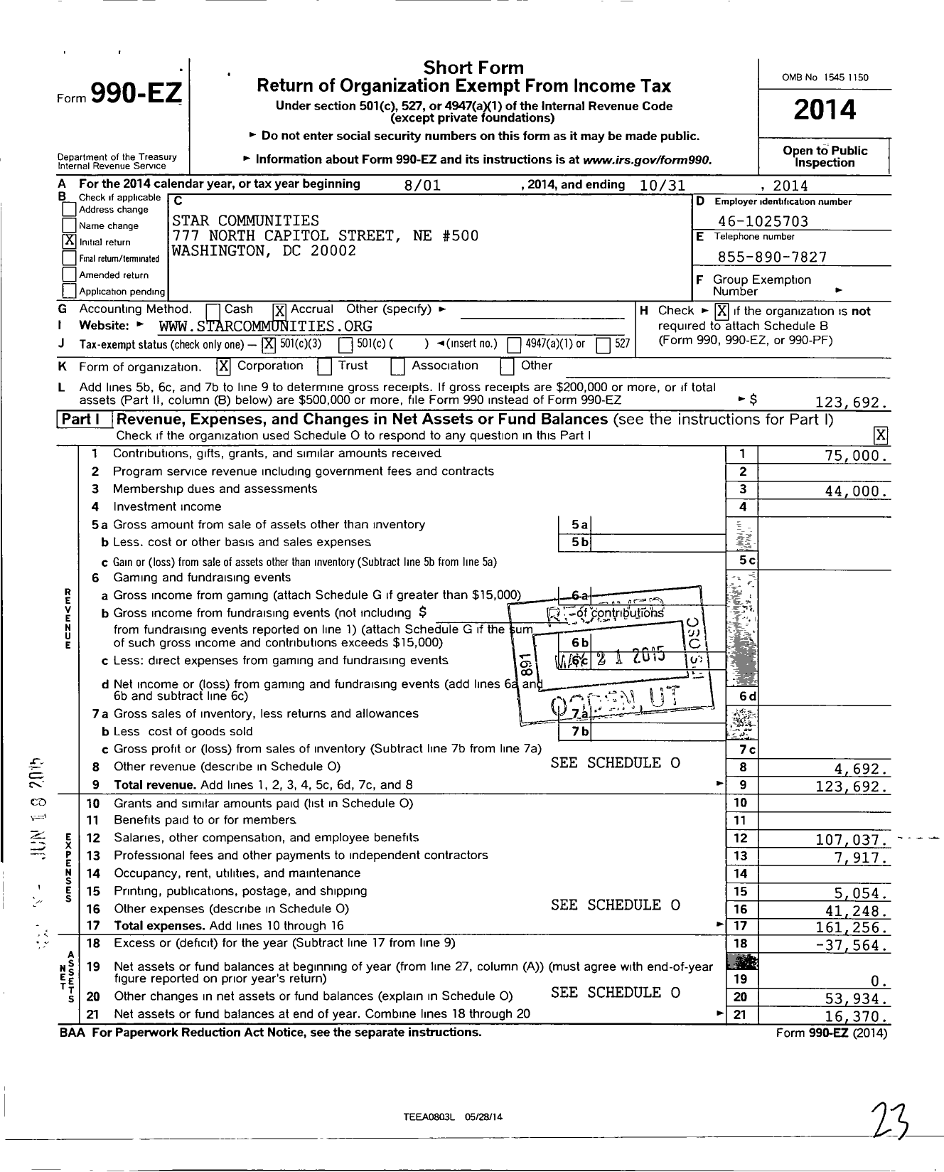 Image of first page of 2013 Form 990EZ for STAR Communities