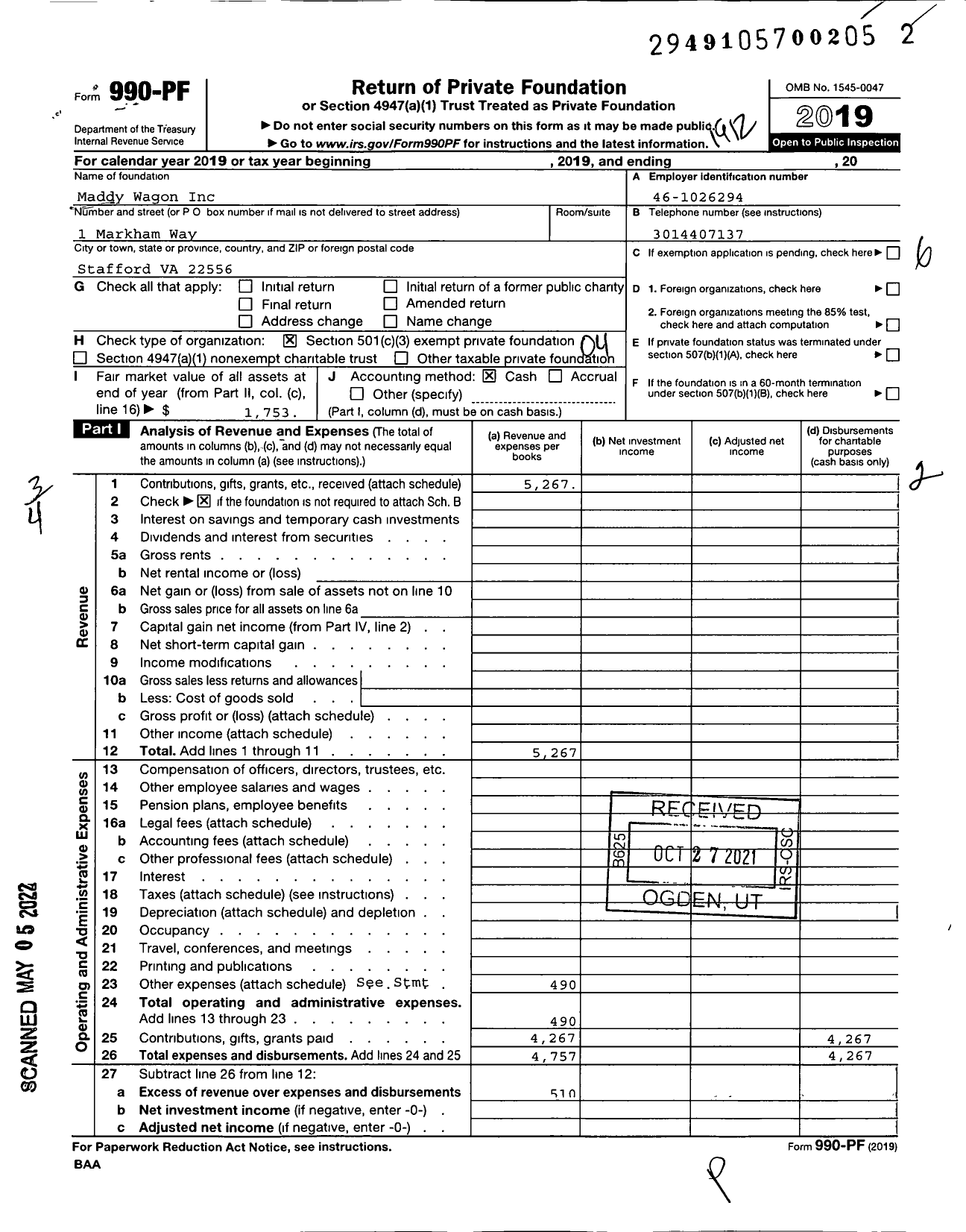 Image of first page of 2019 Form 990PF for Maddy Wagon