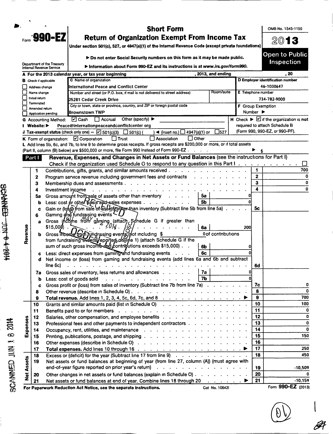 Image of first page of 2013 Form 990EZ for International Peace and Conflict Center