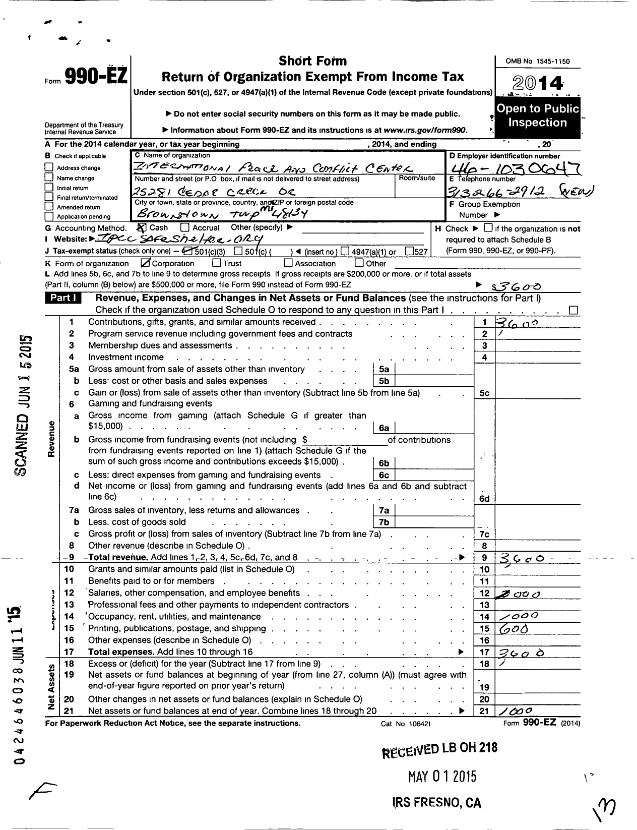 Image of first page of 2014 Form 990EZ for International Peace and Conflict Center