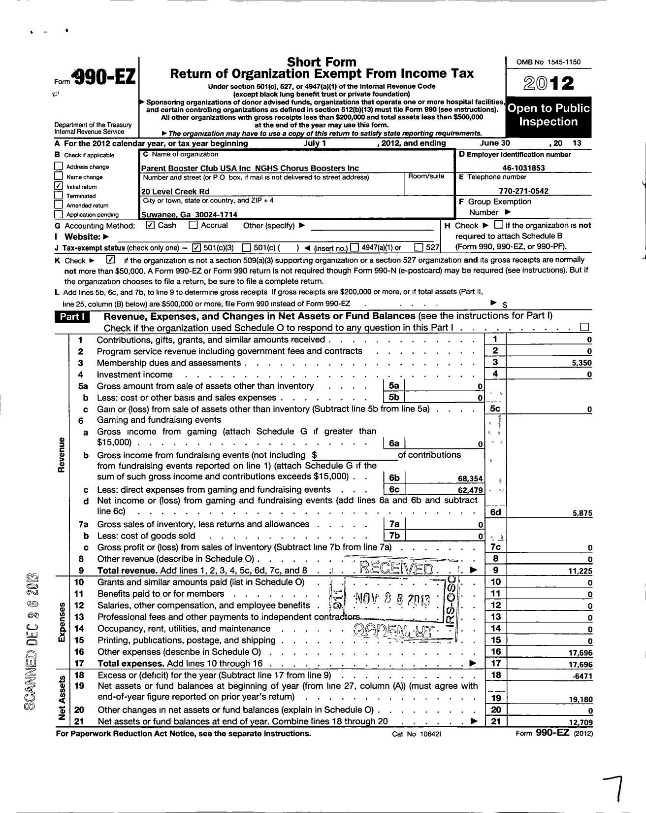 Image of first page of 2012 Form 990EZ for Parent Booster USA / NGHS Chorus Boosters Inc