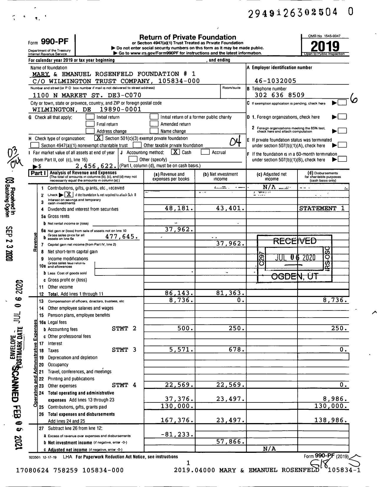 Image of first page of 2019 Form 990PF for Mary and Emanuel Rosenfeld Foundation No 1