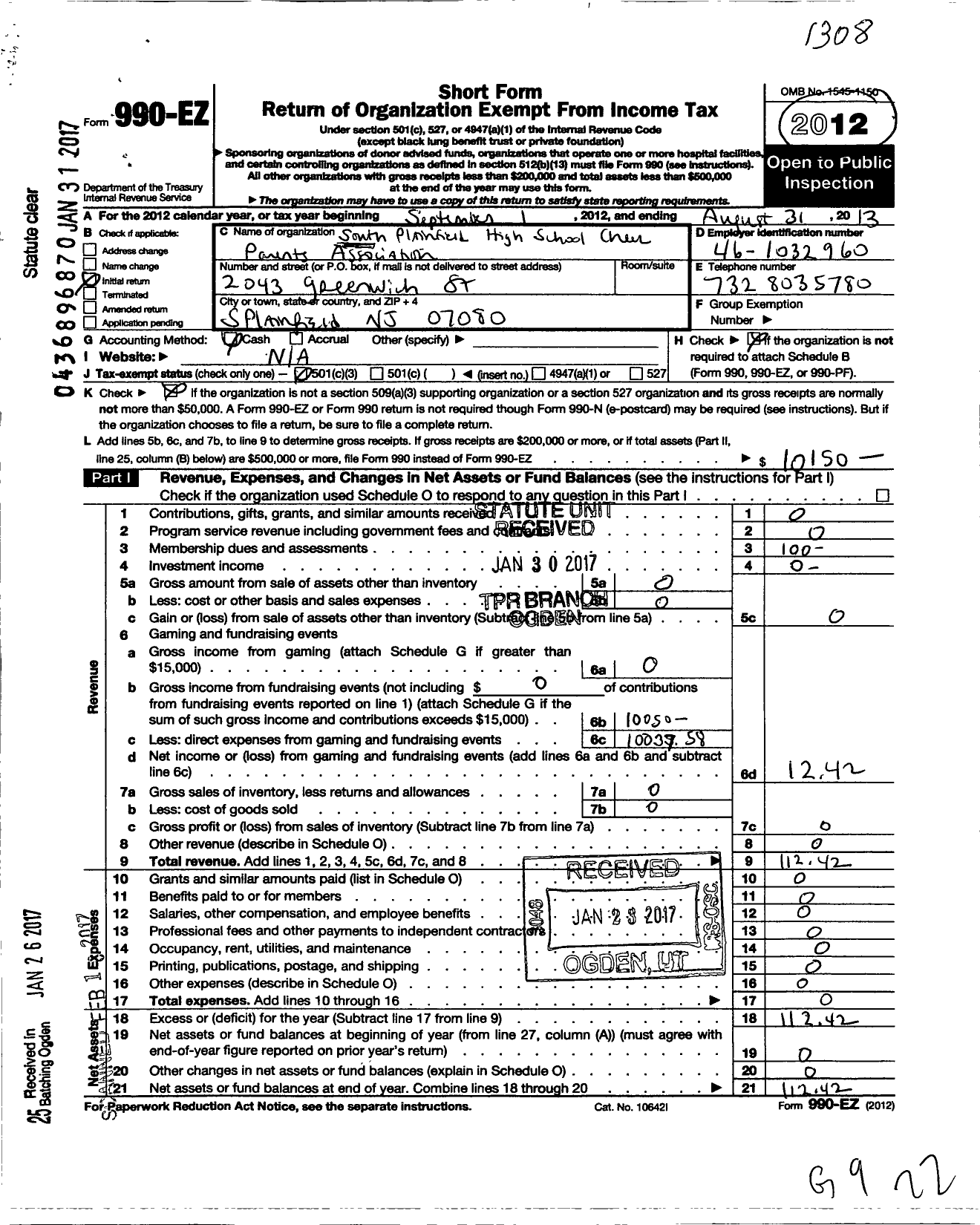 Image of first page of 2012 Form 990EZ for South Plainfield High School Cheer Parents Association