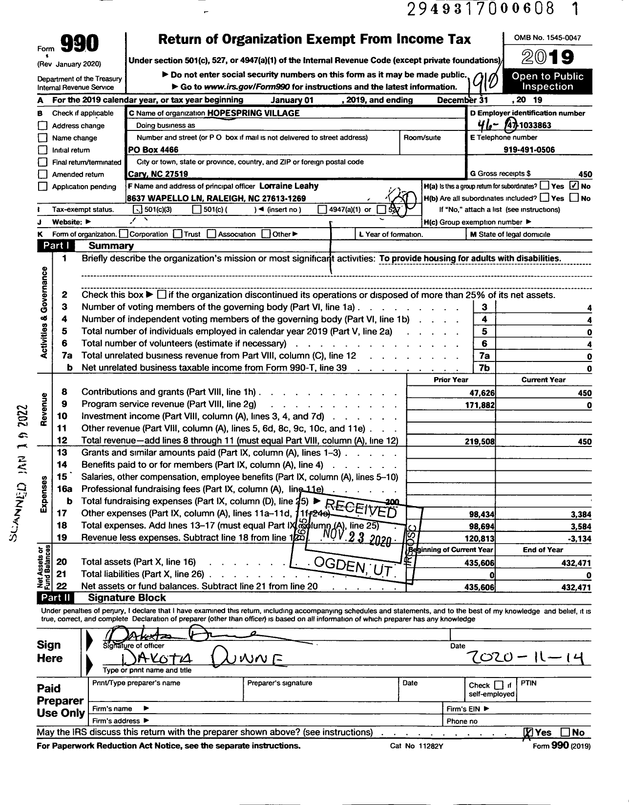 Image of first page of 2019 Form 990O for Hopespring Village