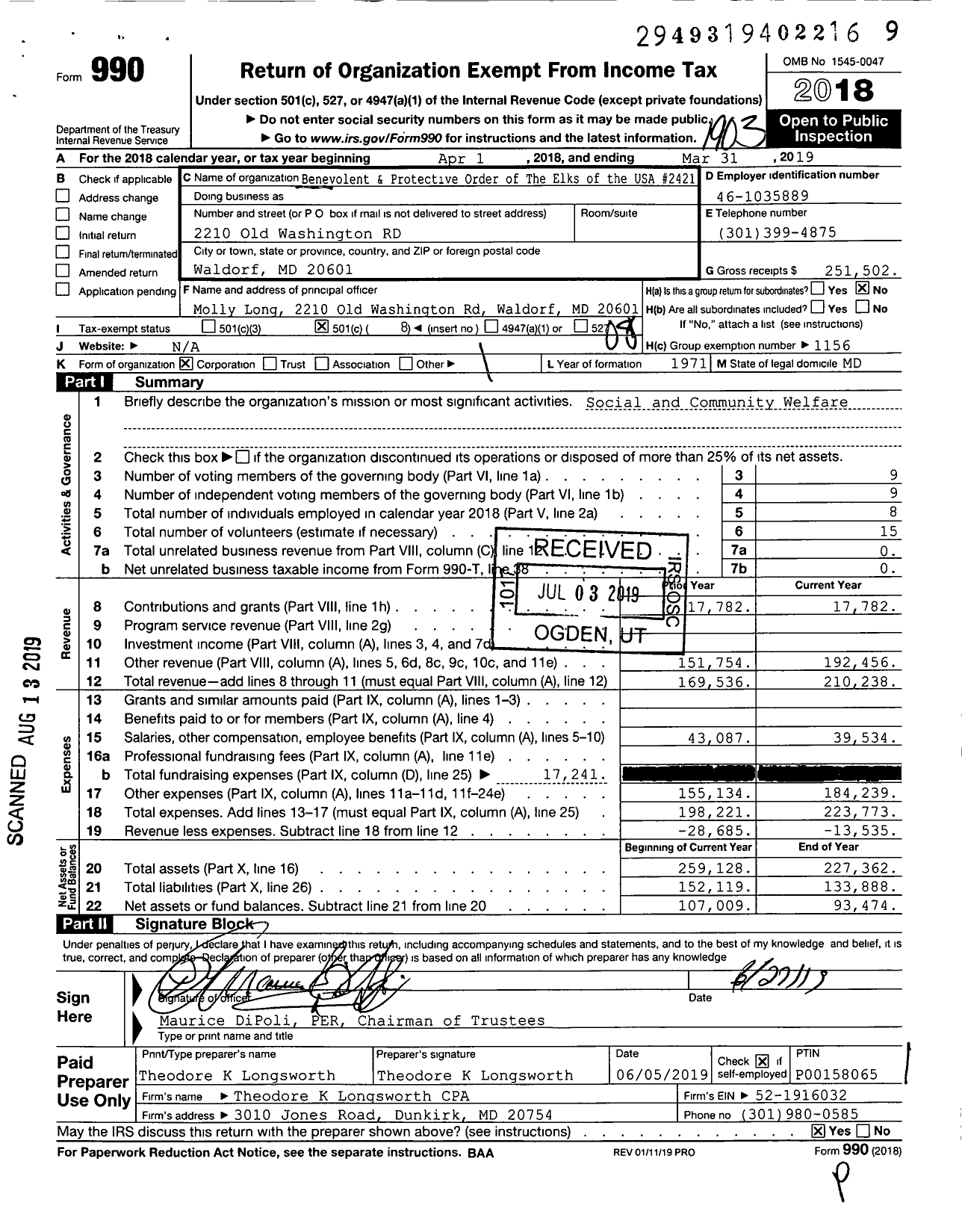 Image of first page of 2018 Form 990O for Benevolent and Protective Order of Elks - 2421 Waldorf