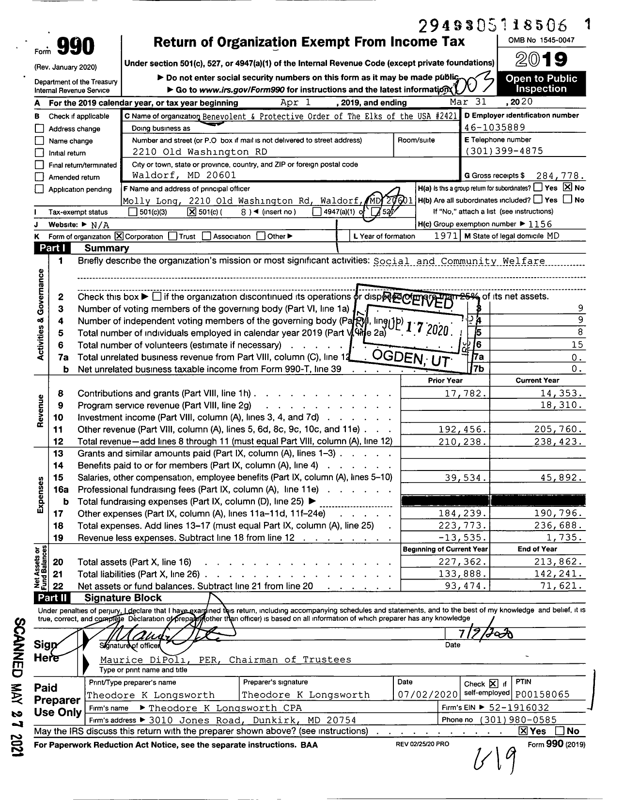 Image of first page of 2019 Form 990O for Benevolent and Protective Order of Elks - 2421 Waldorf