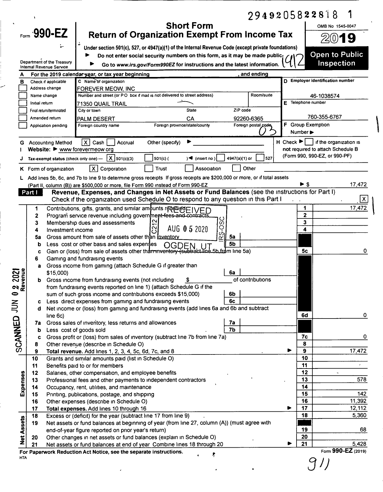 Image of first page of 2019 Form 990EZ for Forever Meow