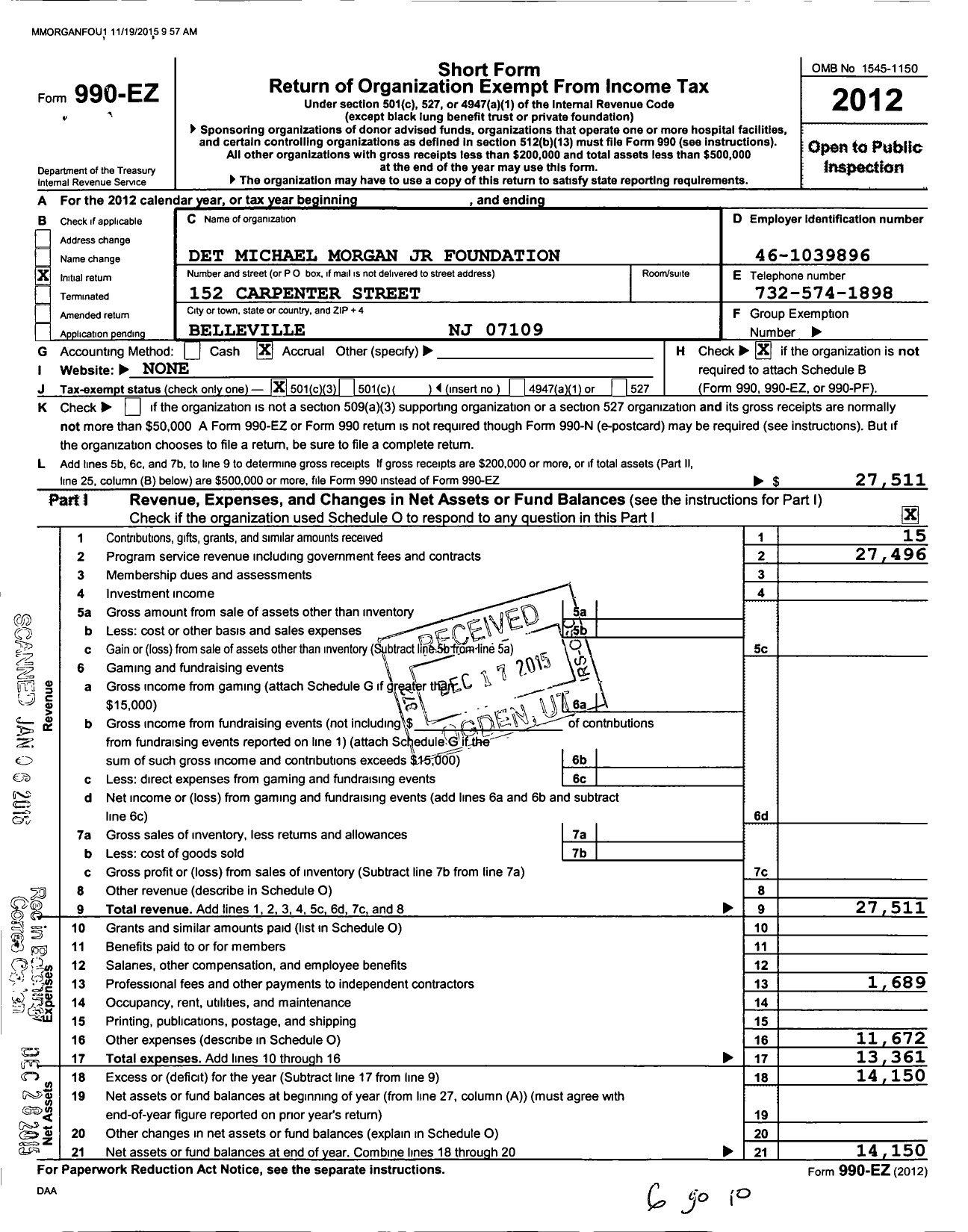 Image of first page of 2012 Form 990EZ for Detective Michael Morgan JR Foundation