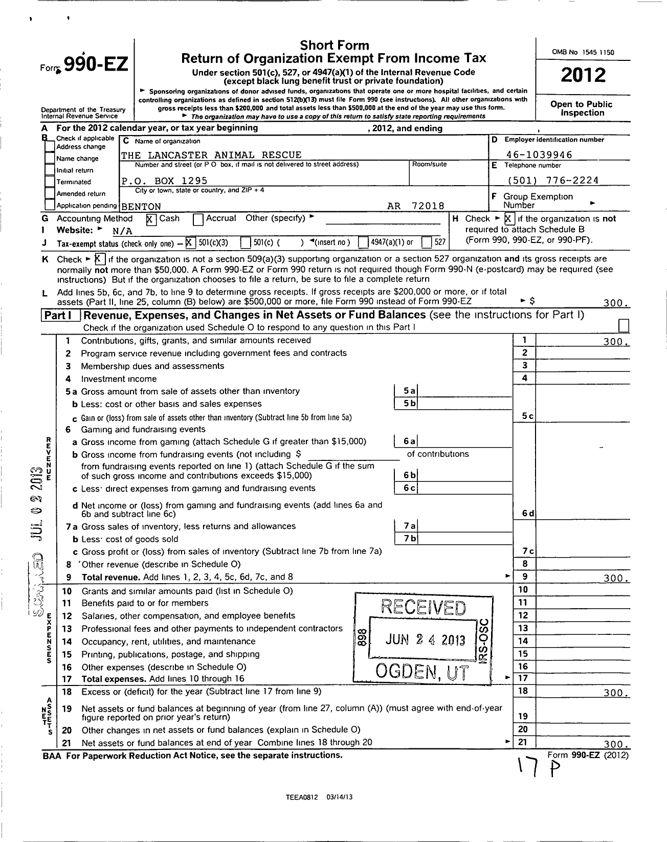 Image of first page of 2012 Form 990EZ for Lancaster Animal Rescue