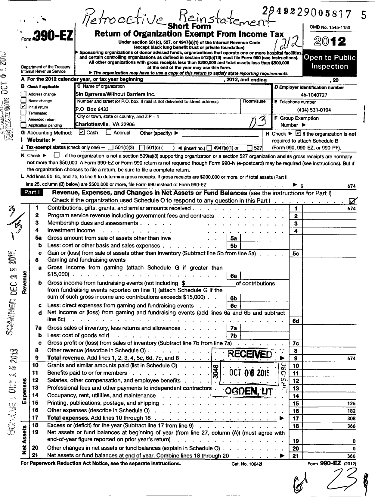 Image of first page of 2012 Form 990EO for Sin BarrerasWithout Barriers