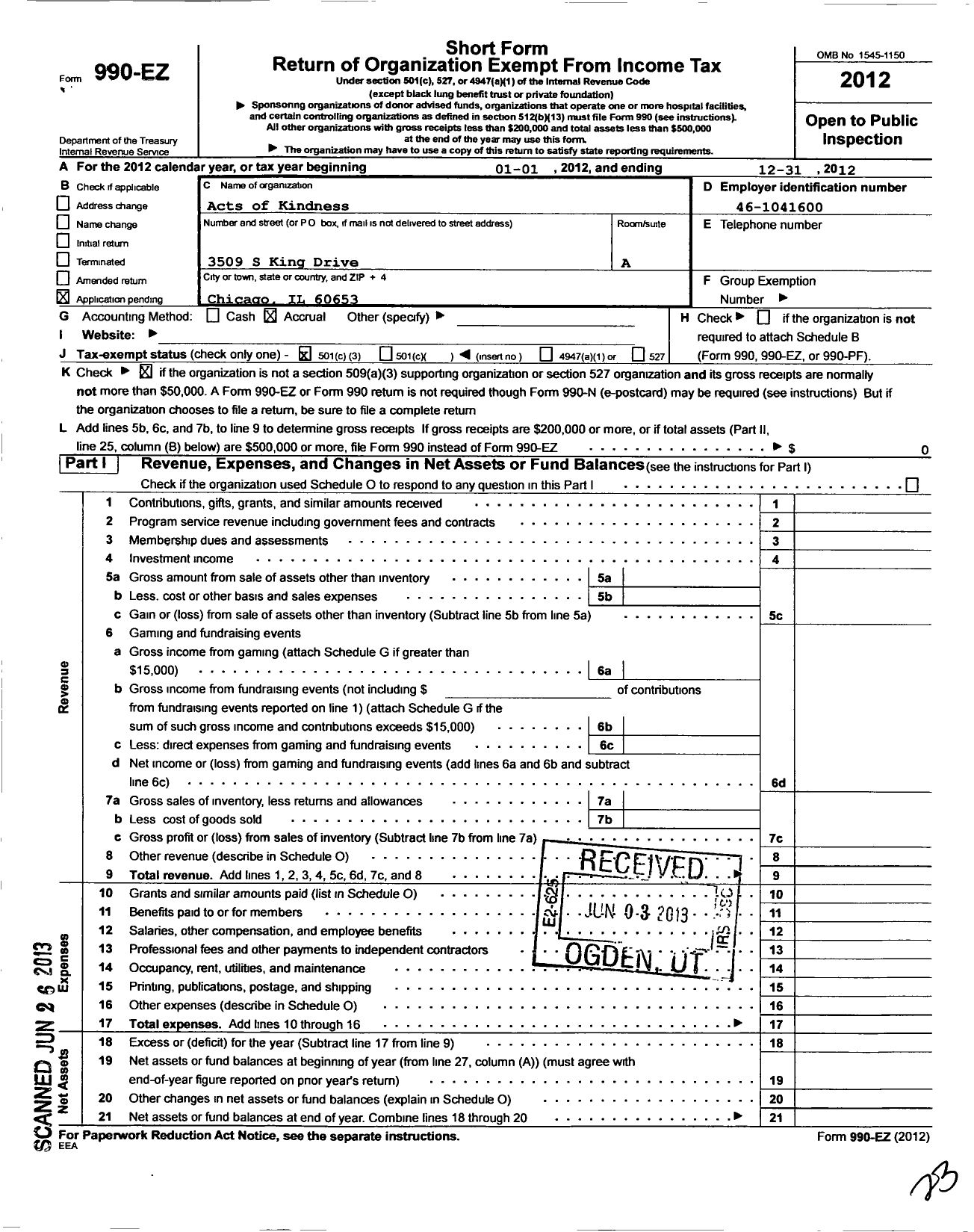 Image of first page of 2012 Form 990EZ for Acts of Kindness