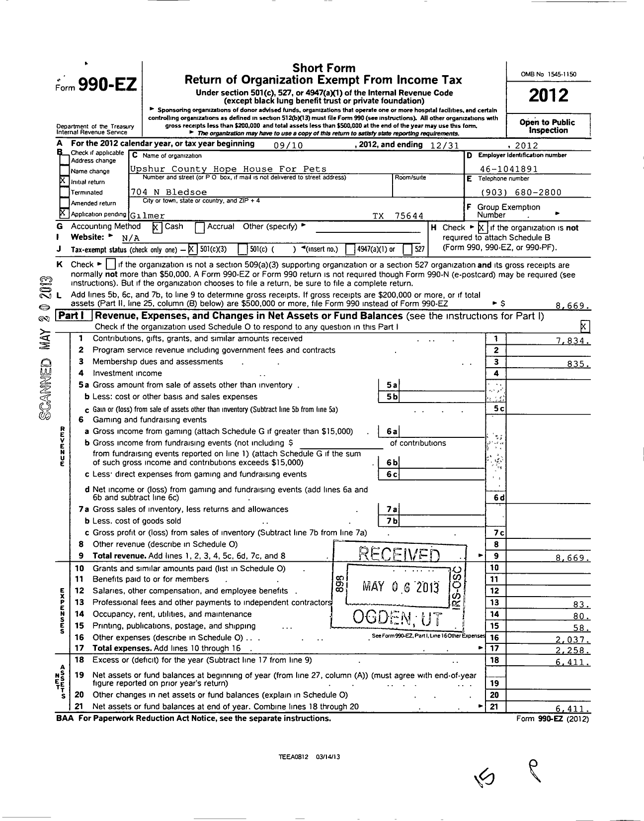 Image of first page of 2012 Form 990EZ for Hope for Pets Rescue