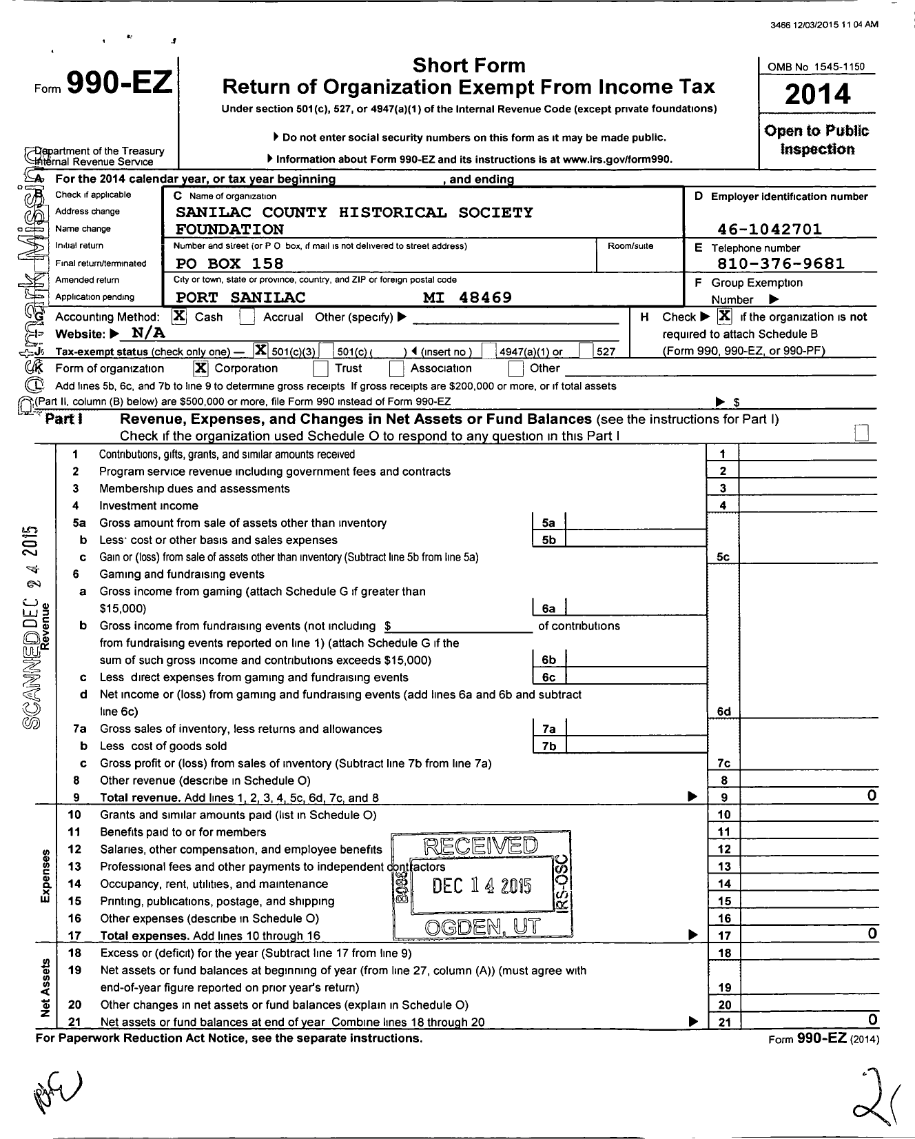 Image of first page of 2014 Form 990EZ for Sanilac County Historical Society Foundation