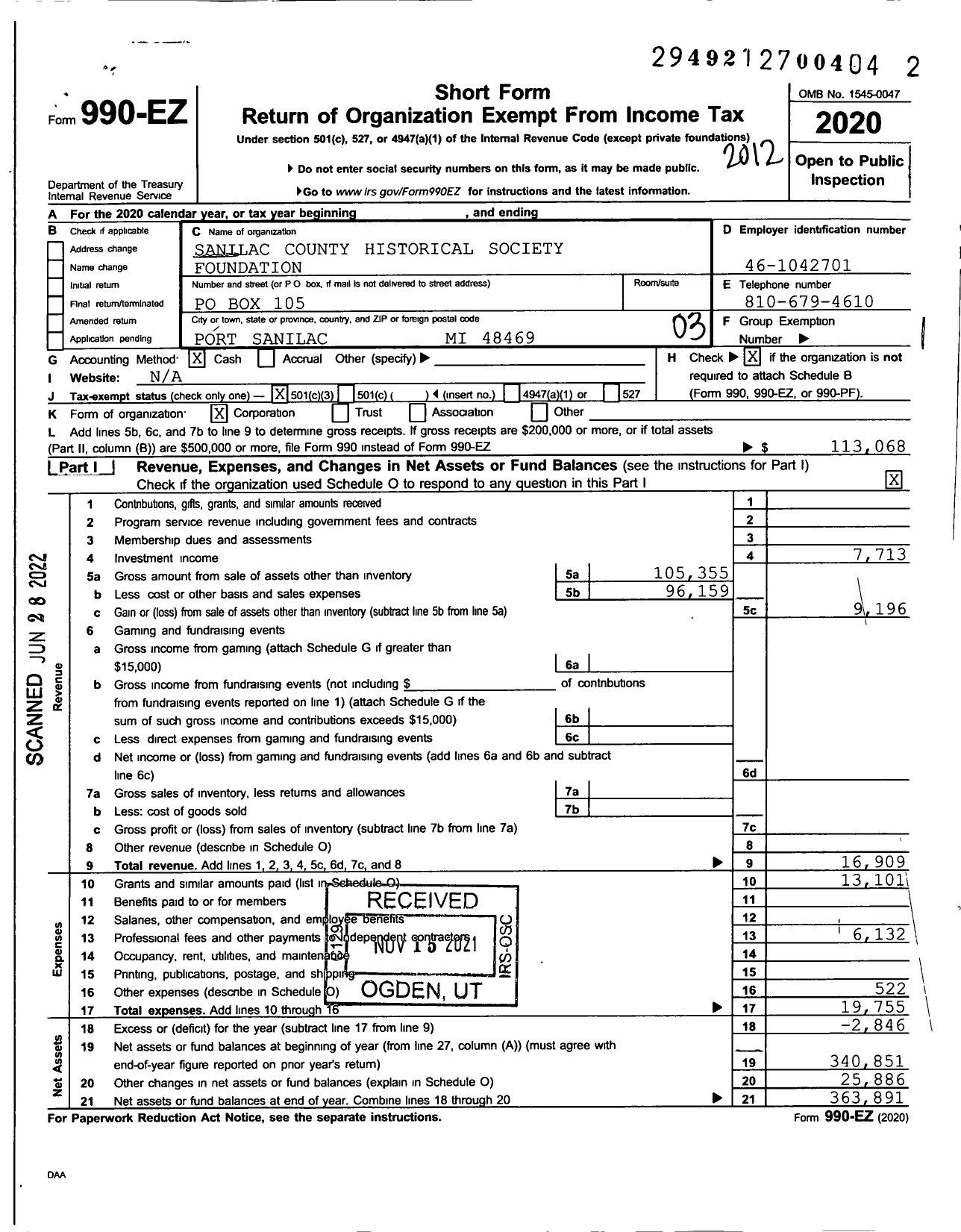 Image of first page of 2020 Form 990EZ for Sanilac County Historical Society Foundation