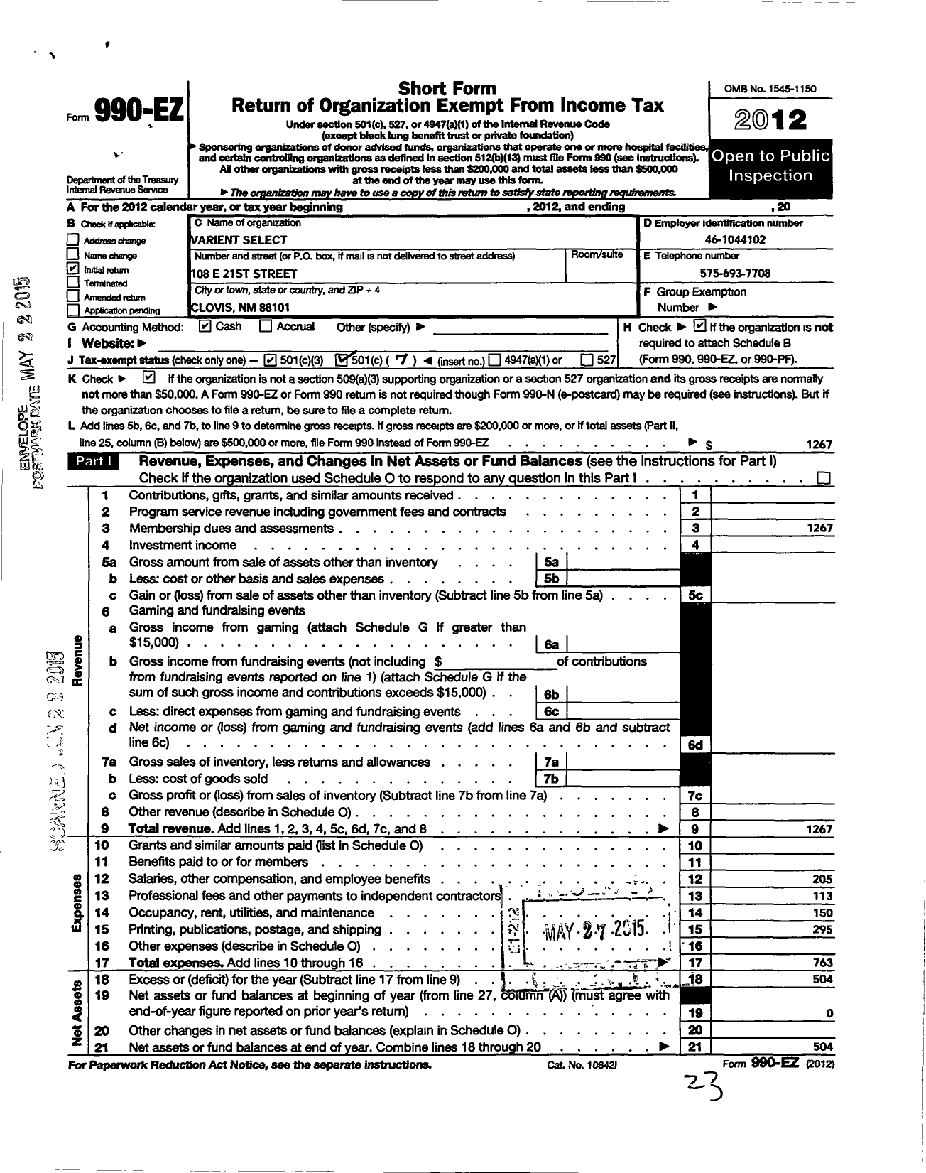 Image of first page of 2012 Form 990EO for Varient Select