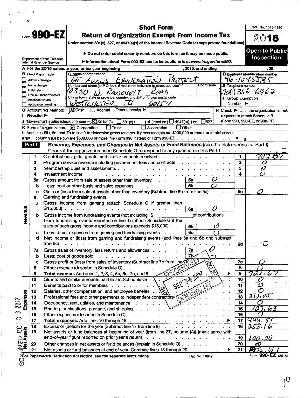 Image of first page of 2015 Form 990EZ for The Evans Exoneration Project (TEEP)