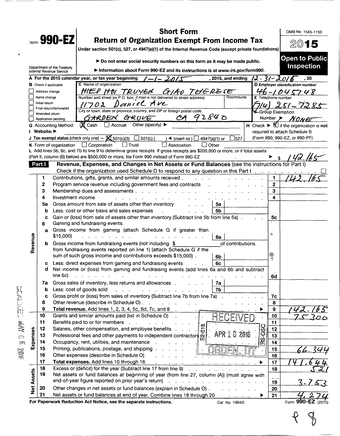 Image of first page of 2015 Form 990EZ for Hiep Hoi Truyen Giao Therese