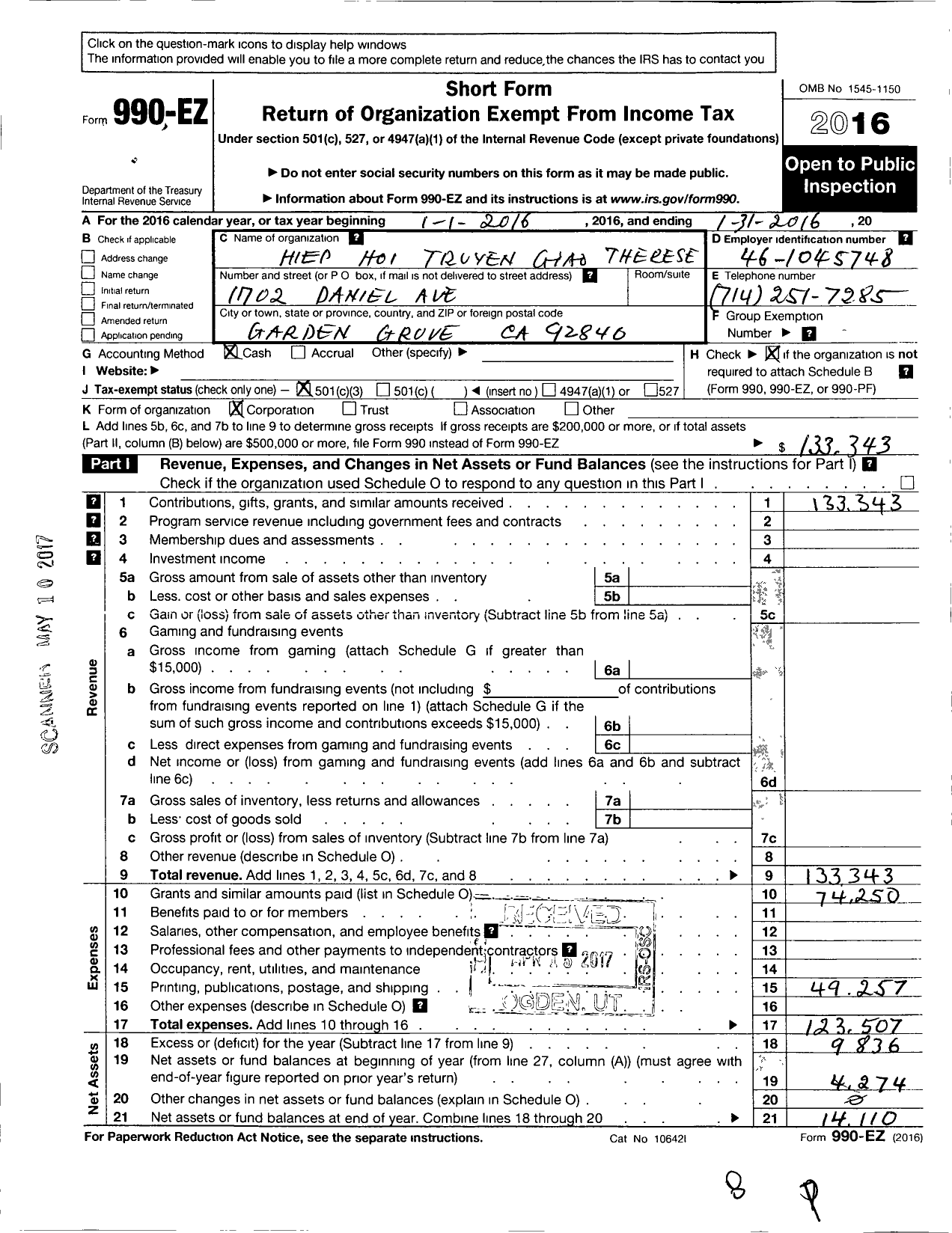 Image of first page of 2015 Form 990EZ for Hiep Hoi Truyen Giao Therese