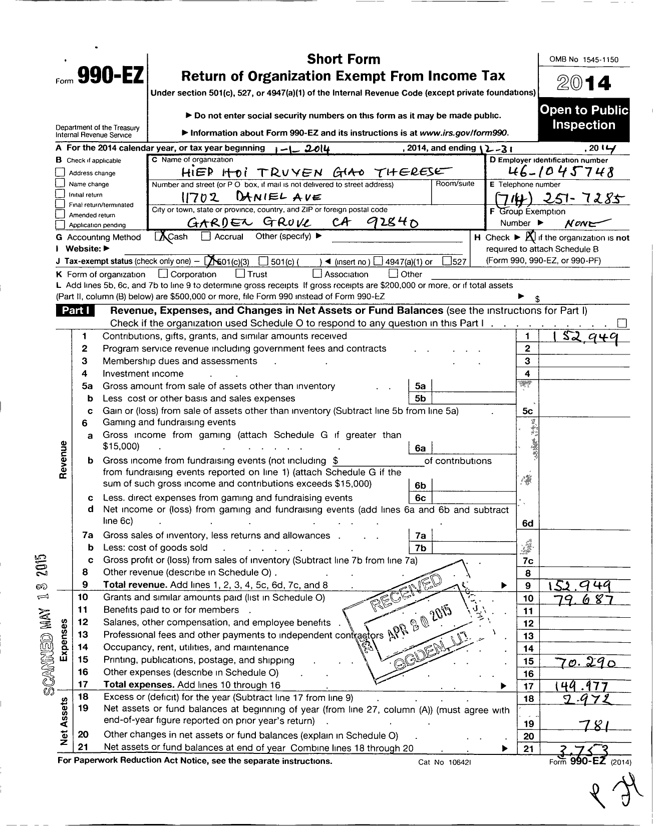 Image of first page of 2014 Form 990EZ for Hiep Hoi Truyen Giao Therese