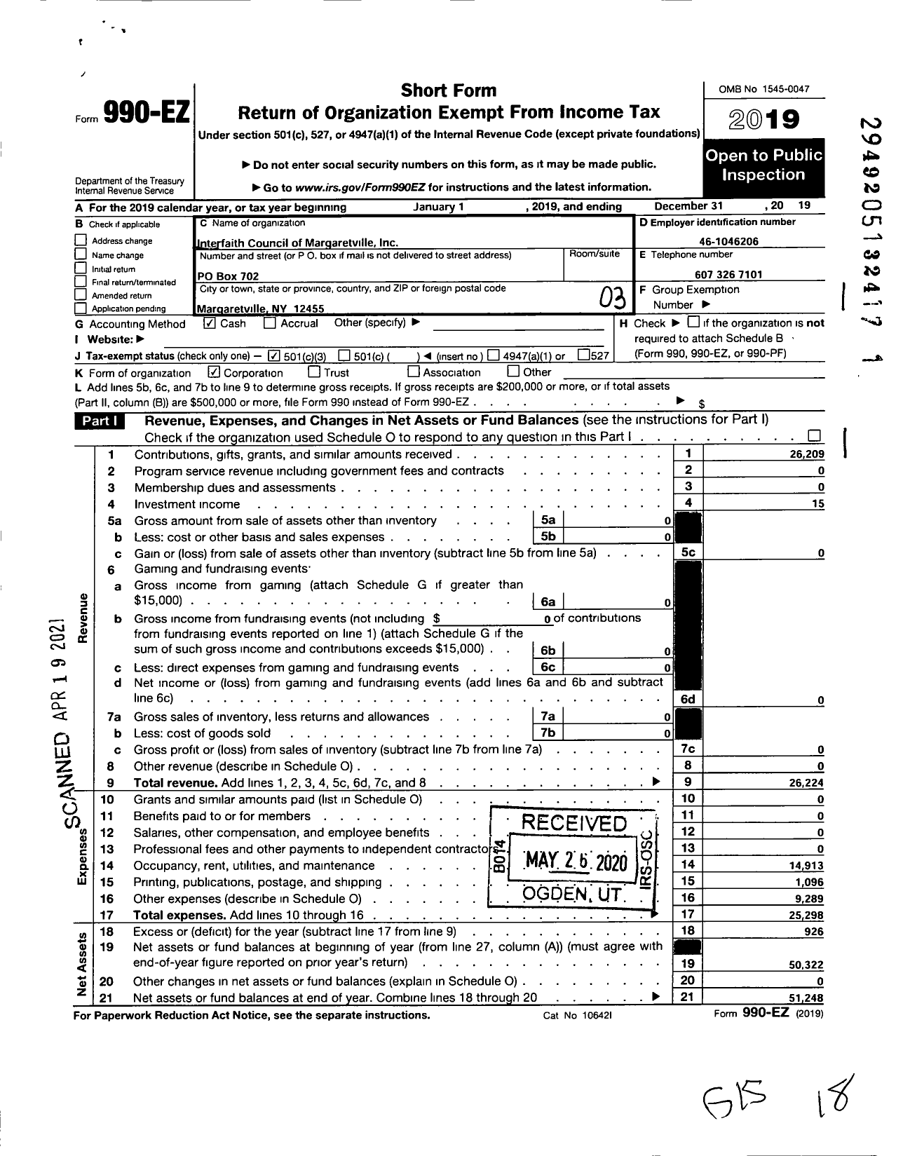 Image of first page of 2019 Form 990EZ for Interfaith Council of Margaretville