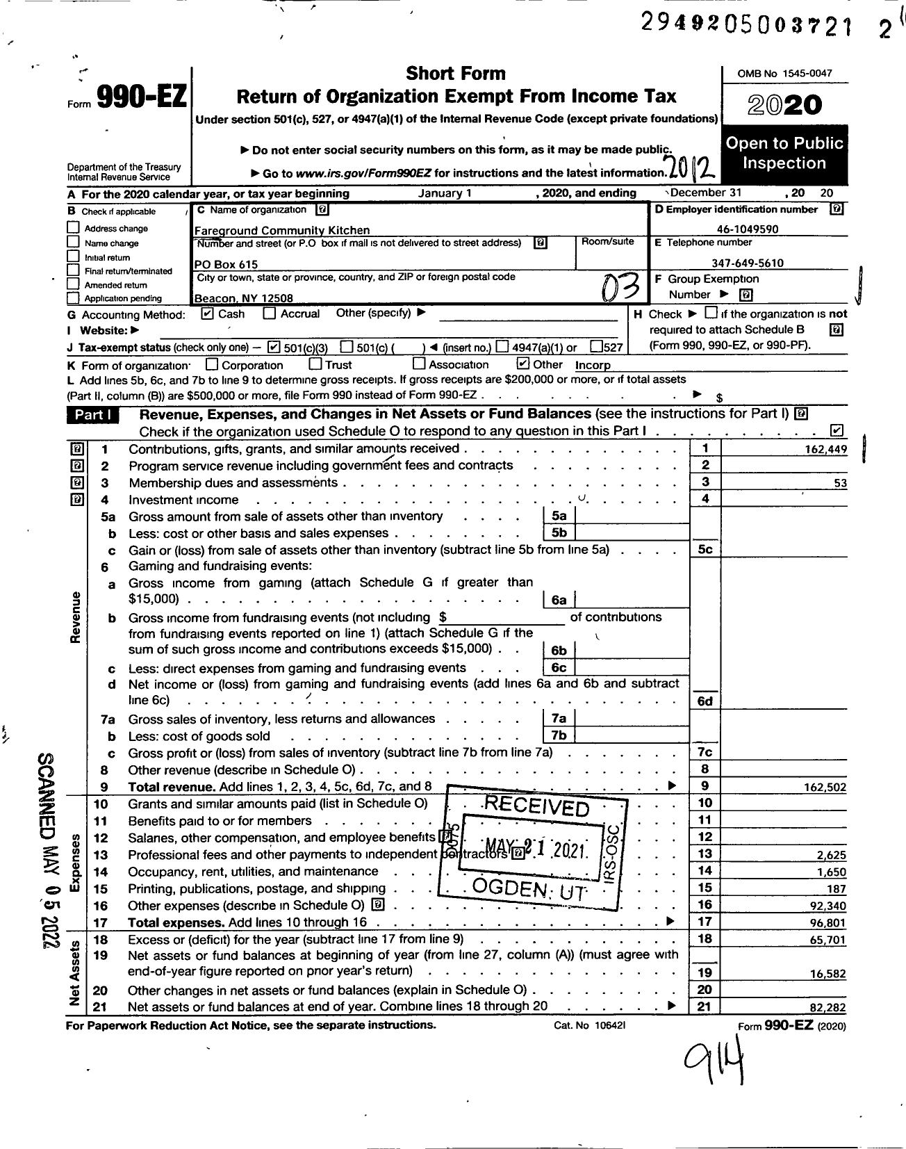 Image of first page of 2020 Form 990EZ for Fareground Community Kitchen