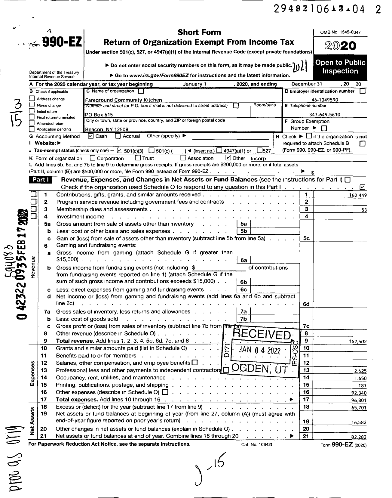 Image of first page of 2021 Form 990EZ for Fareground Community Kitchen