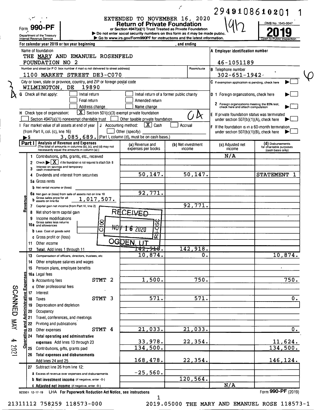 Image of first page of 2019 Form 990PF for Mary and Emanuel Rosenfeld Foundation 2