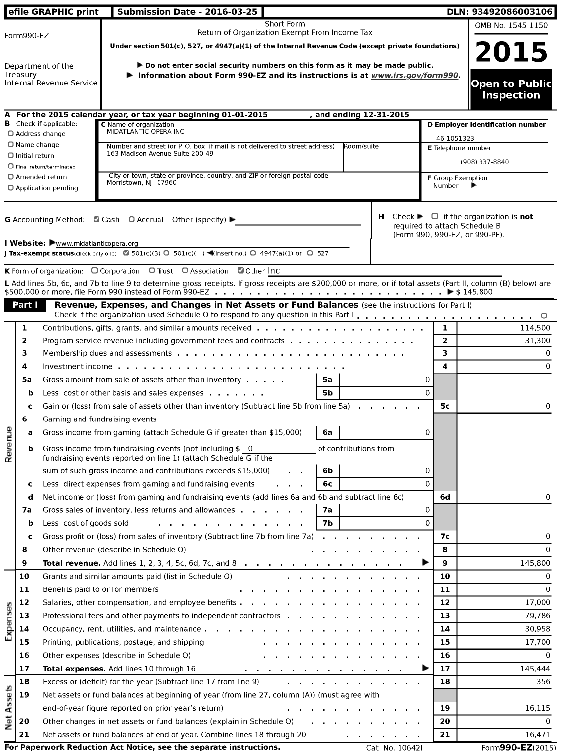 Image of first page of 2015 Form 990EZ for Midatlantic Opera