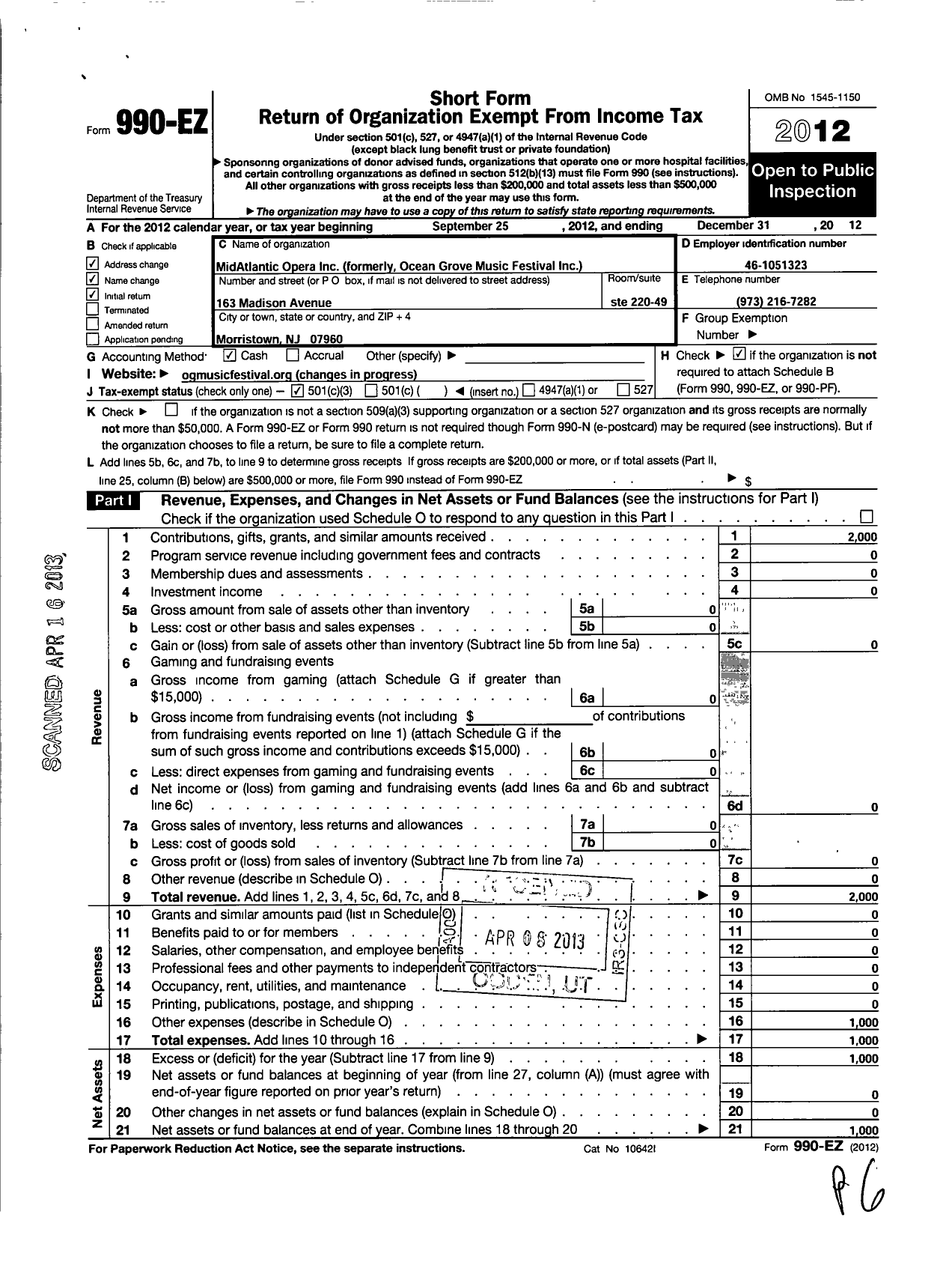 Image of first page of 2012 Form 990EZ for Midatlantic Opera