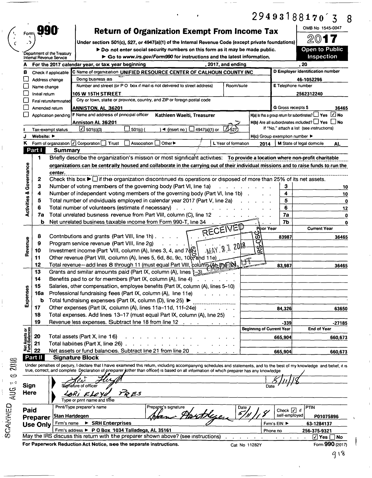 Image of first page of 2017 Form 990 for Unified Resource Center of Calhoun County