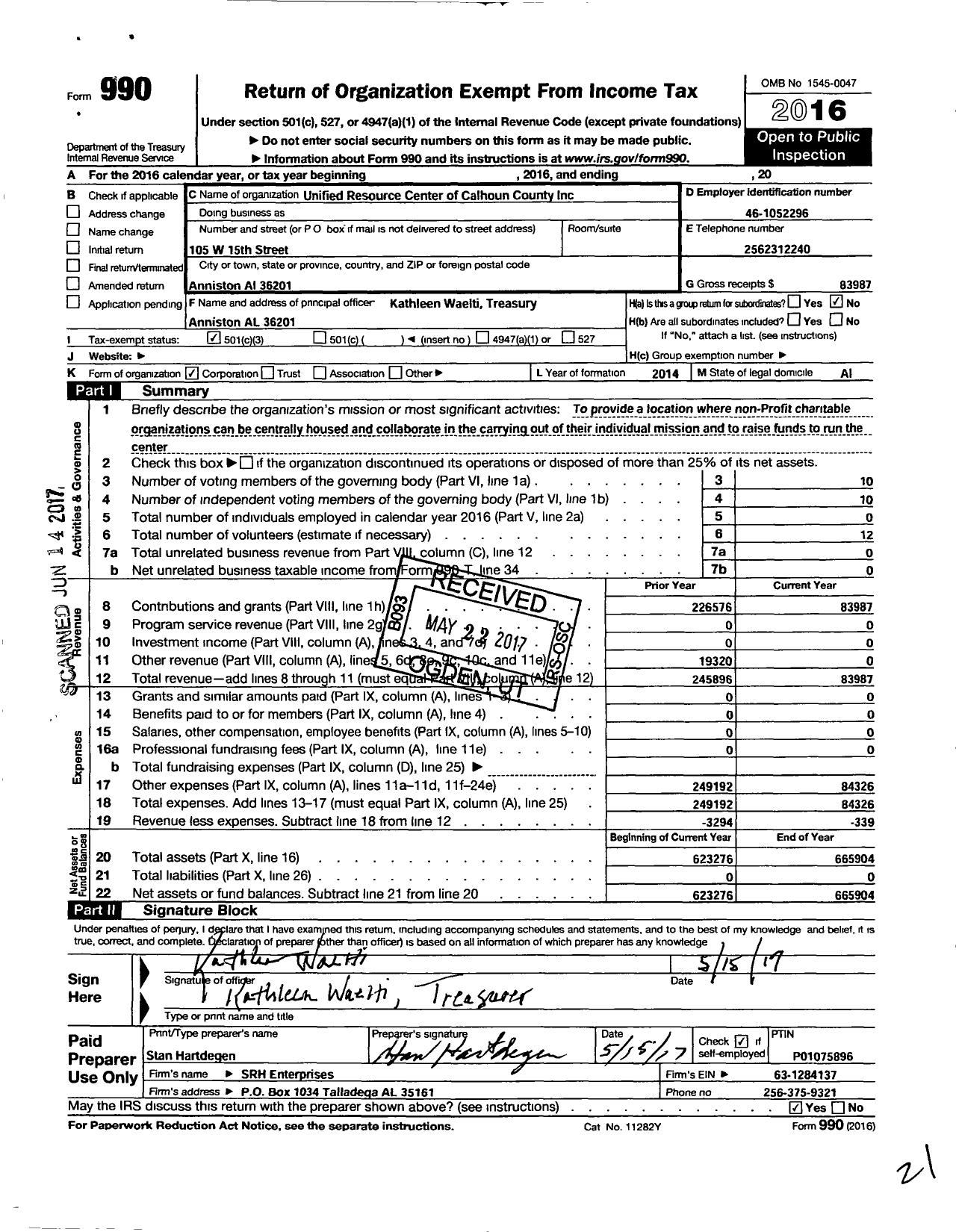 Image of first page of 2016 Form 990 for Unified Resource Center of Calhoun County