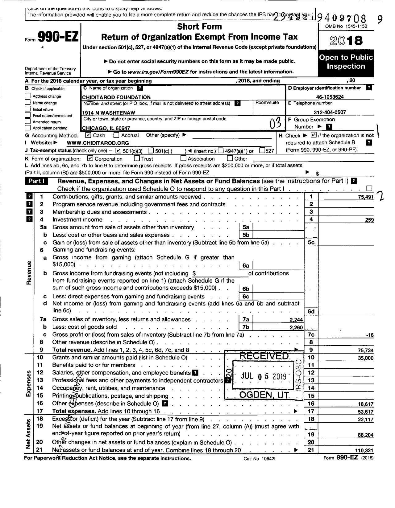 Image of first page of 2018 Form 990EZ for The Chiditarod Foundation