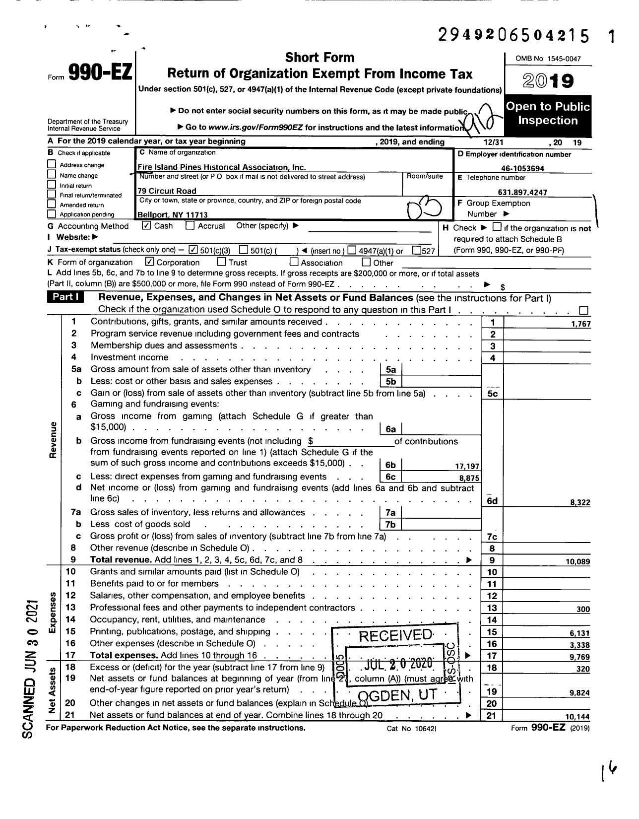 Image of first page of 2019 Form 990EZ for Fire Island Pines Historical Association