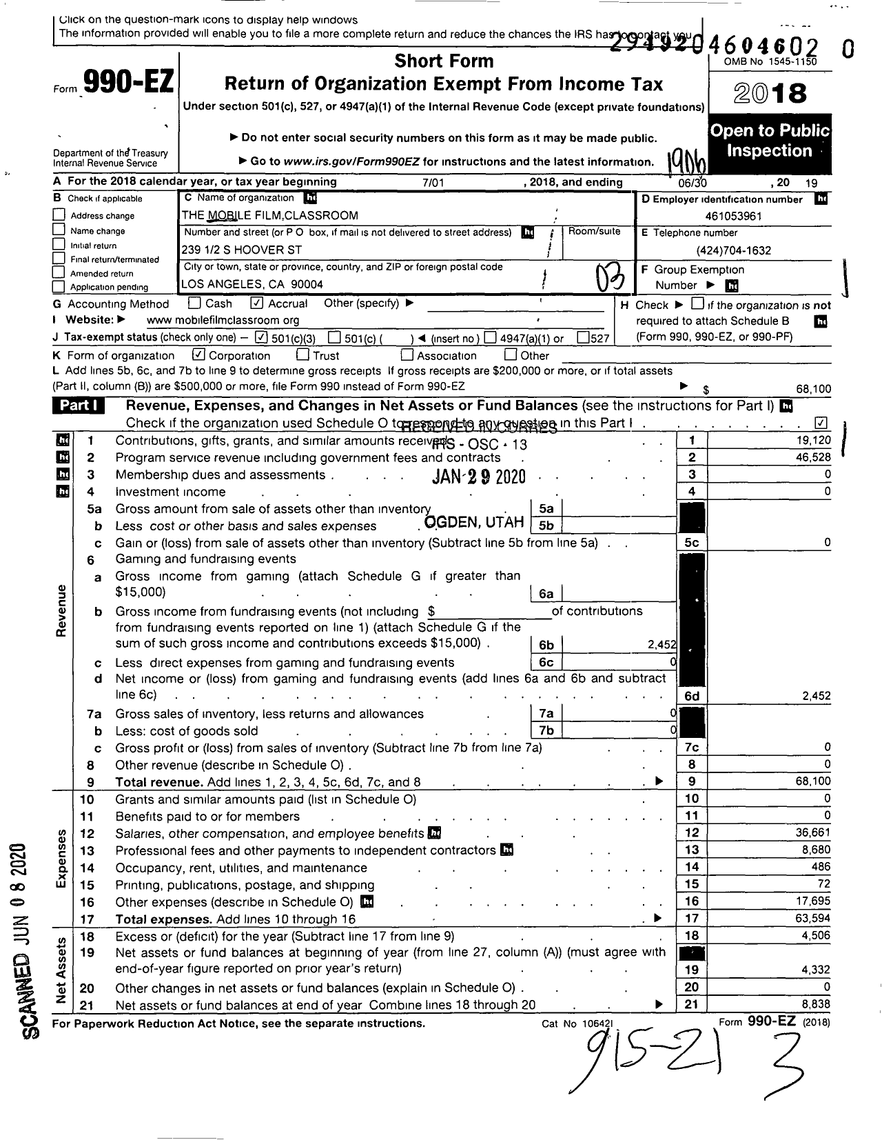 Image of first page of 2018 Form 990EZ for The Mobile Film Classroom