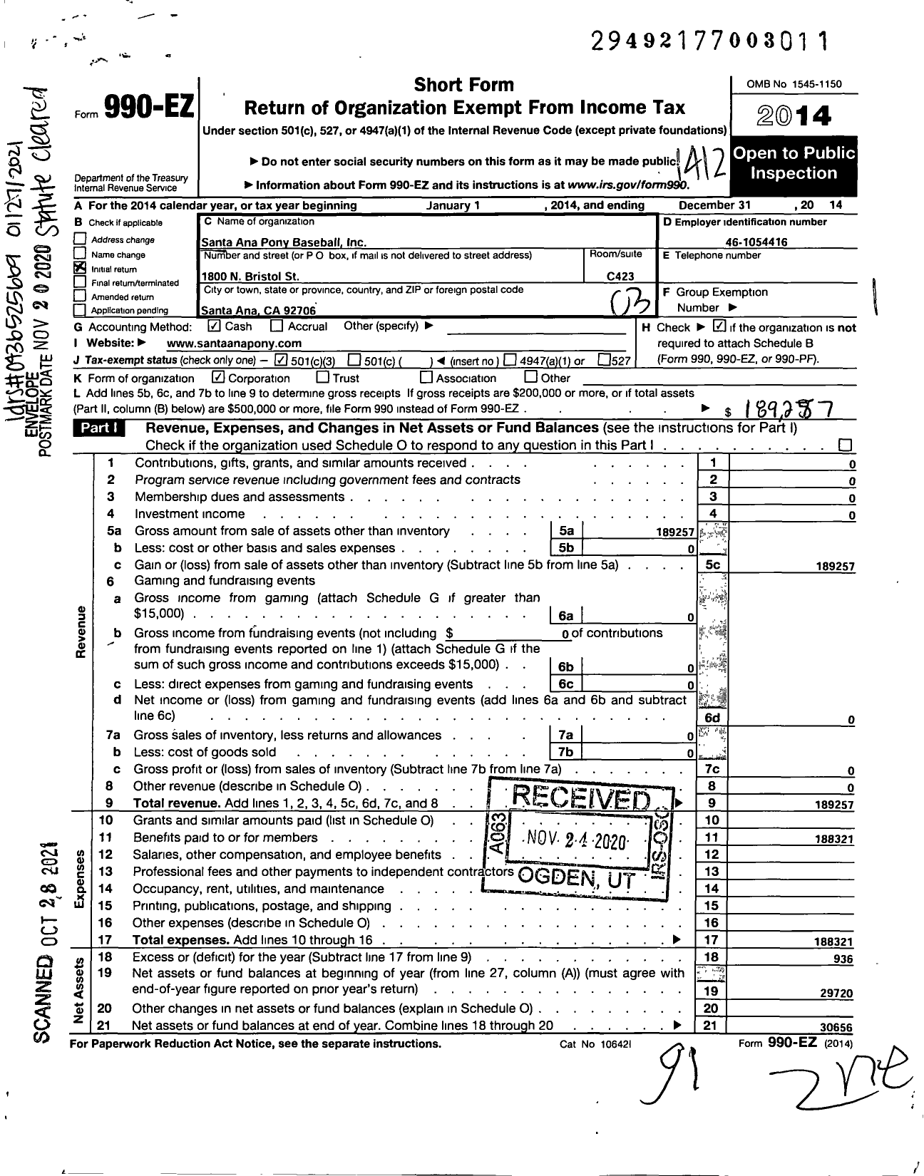 Image of first page of 2014 Form 990EZ for Santa Ana Pony Baseball