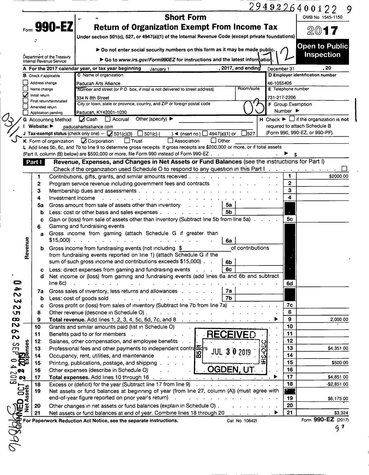 Image of first page of 2017 Form 990EZ for Paducah Arts Alliance