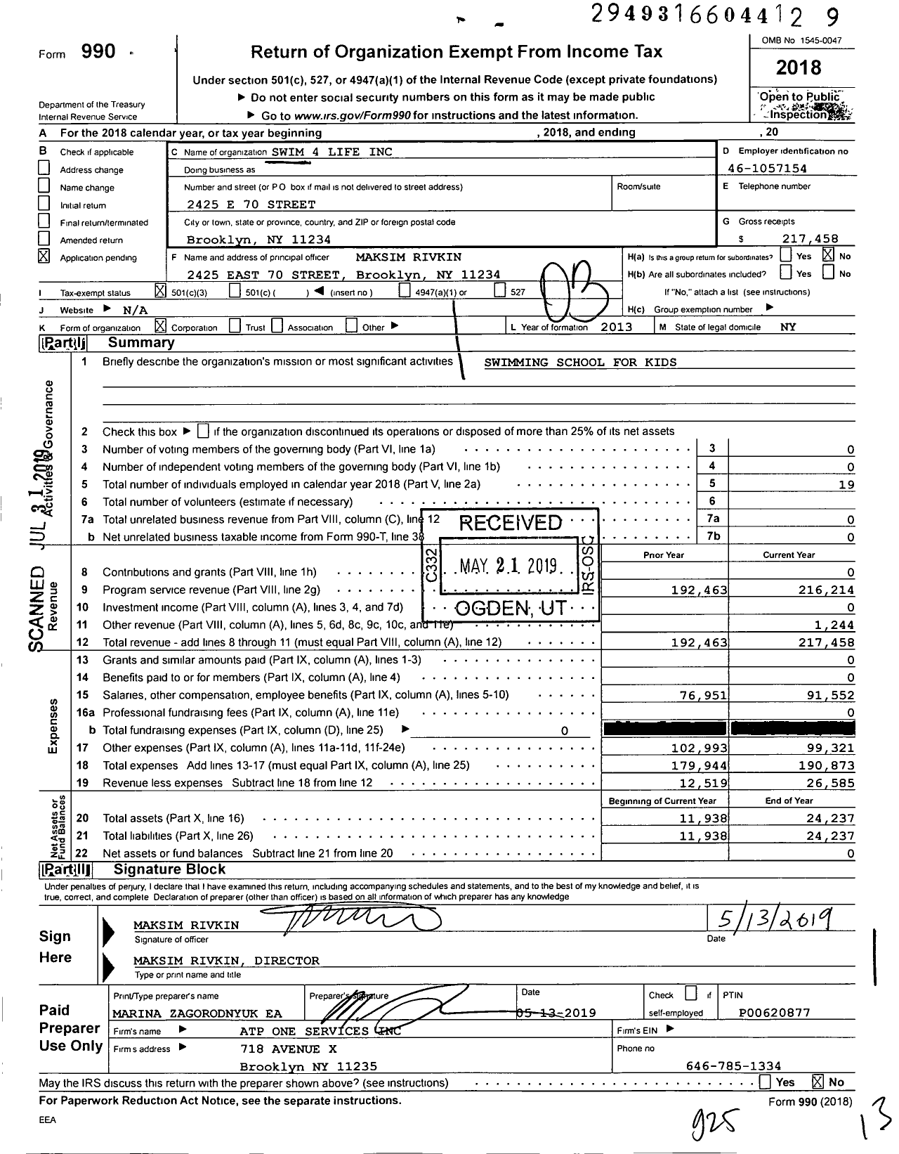 Image of first page of 2018 Form 990 for Swim 4 Life