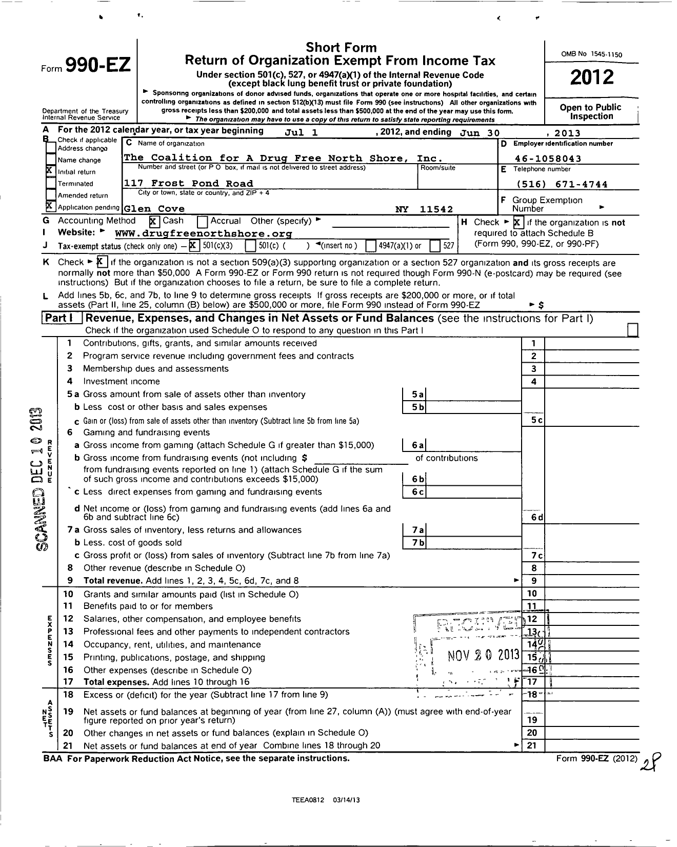 Image of first page of 2012 Form 990EZ for Coalition for A Drug Free North Shore