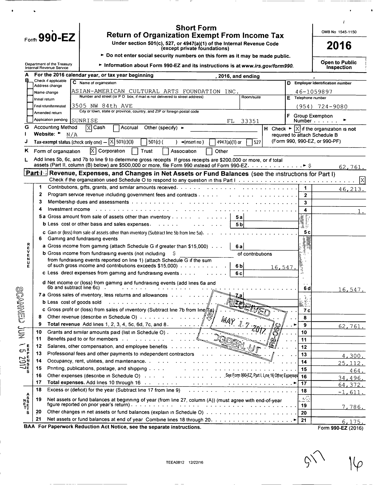 Image of first page of 2016 Form 990EZ for Asian American Cultural Arts Foundation