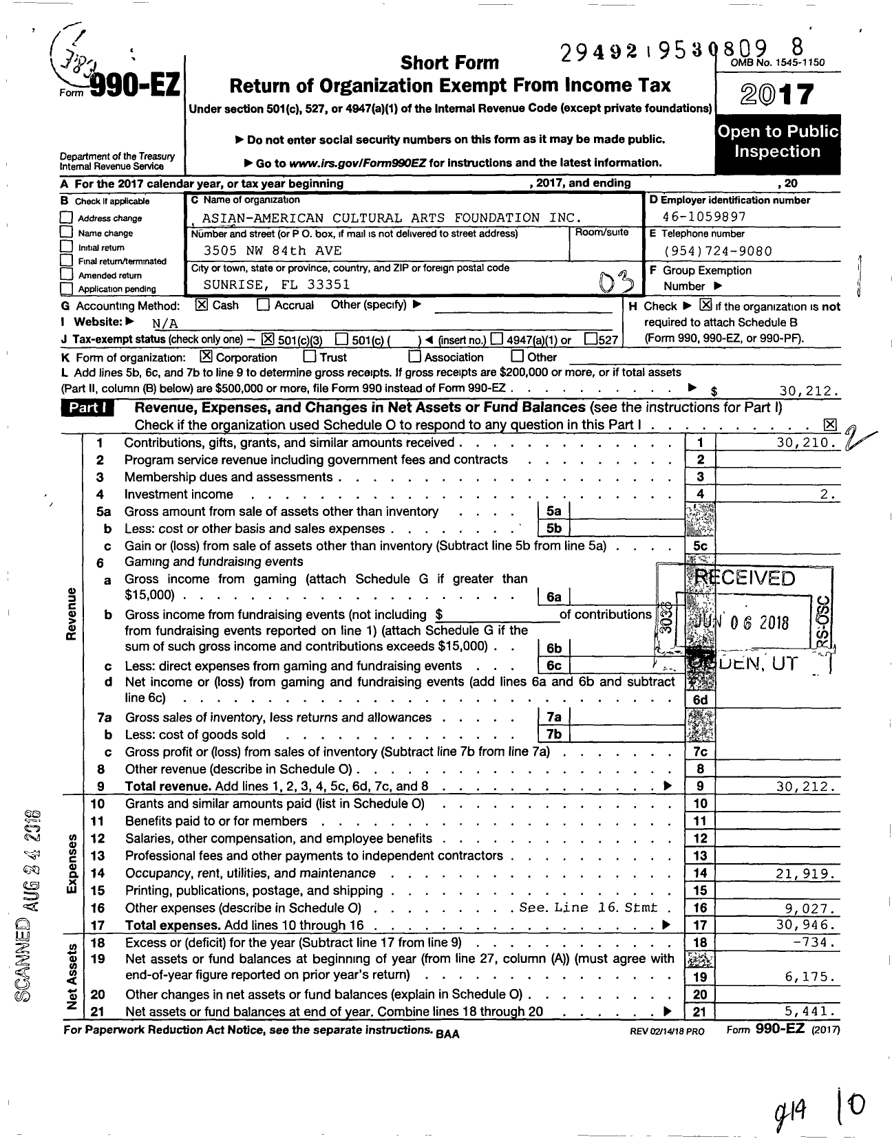 Image of first page of 2017 Form 990EZ for Asian American Cultural Arts Foundation