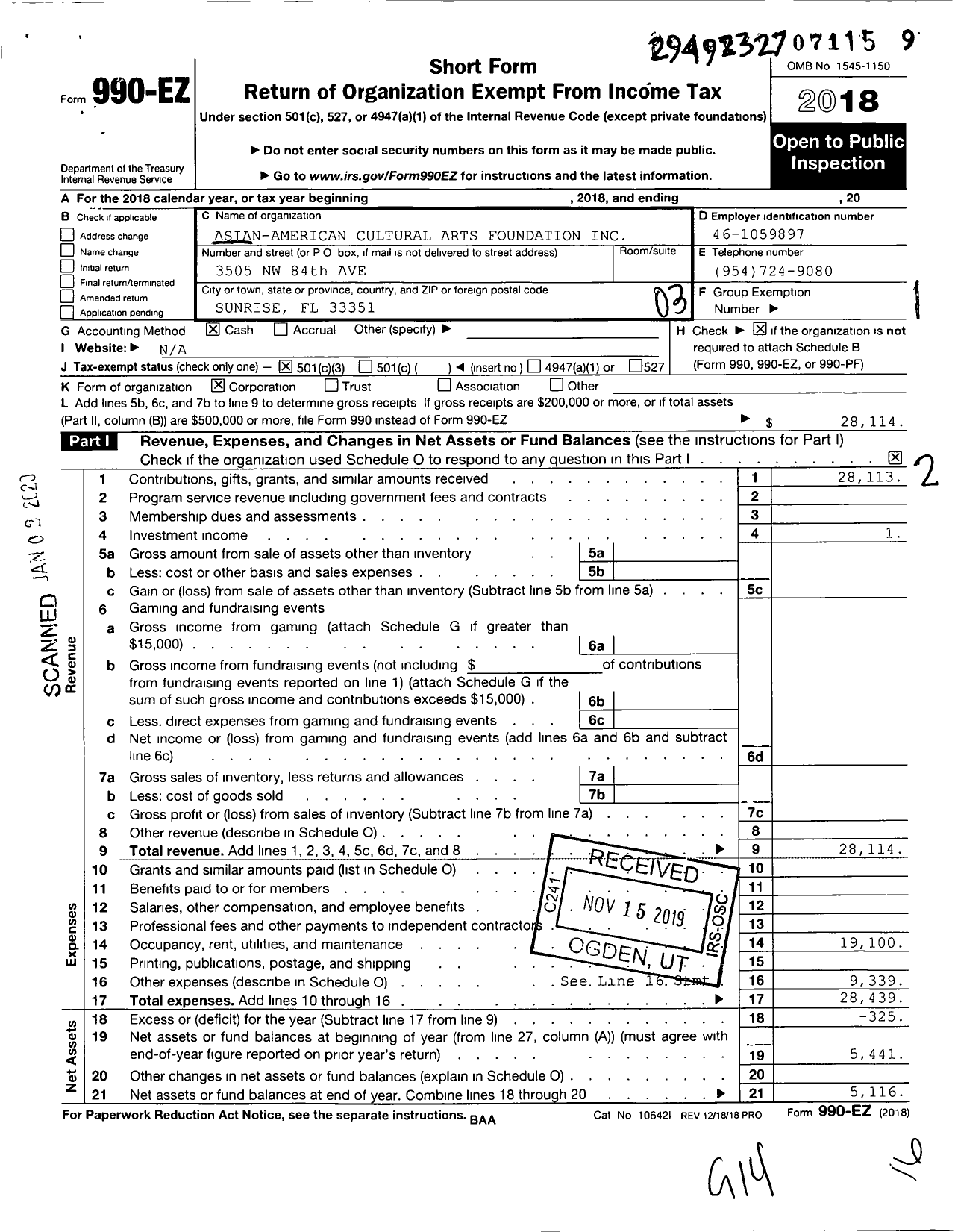 Image of first page of 2018 Form 990EZ for Asian American Cultural Arts Foundation