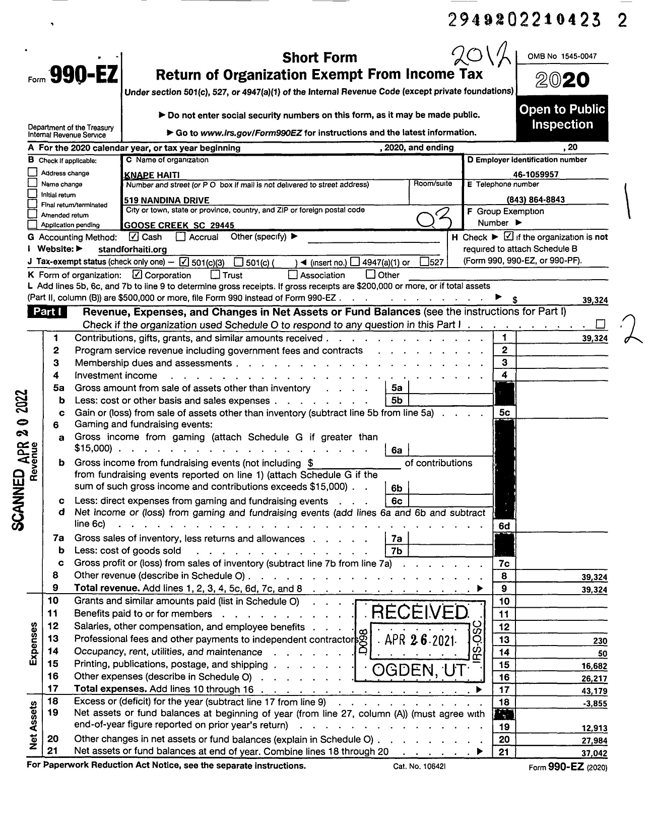 Image of first page of 2020 Form 990EZ for Kanpe Haiti